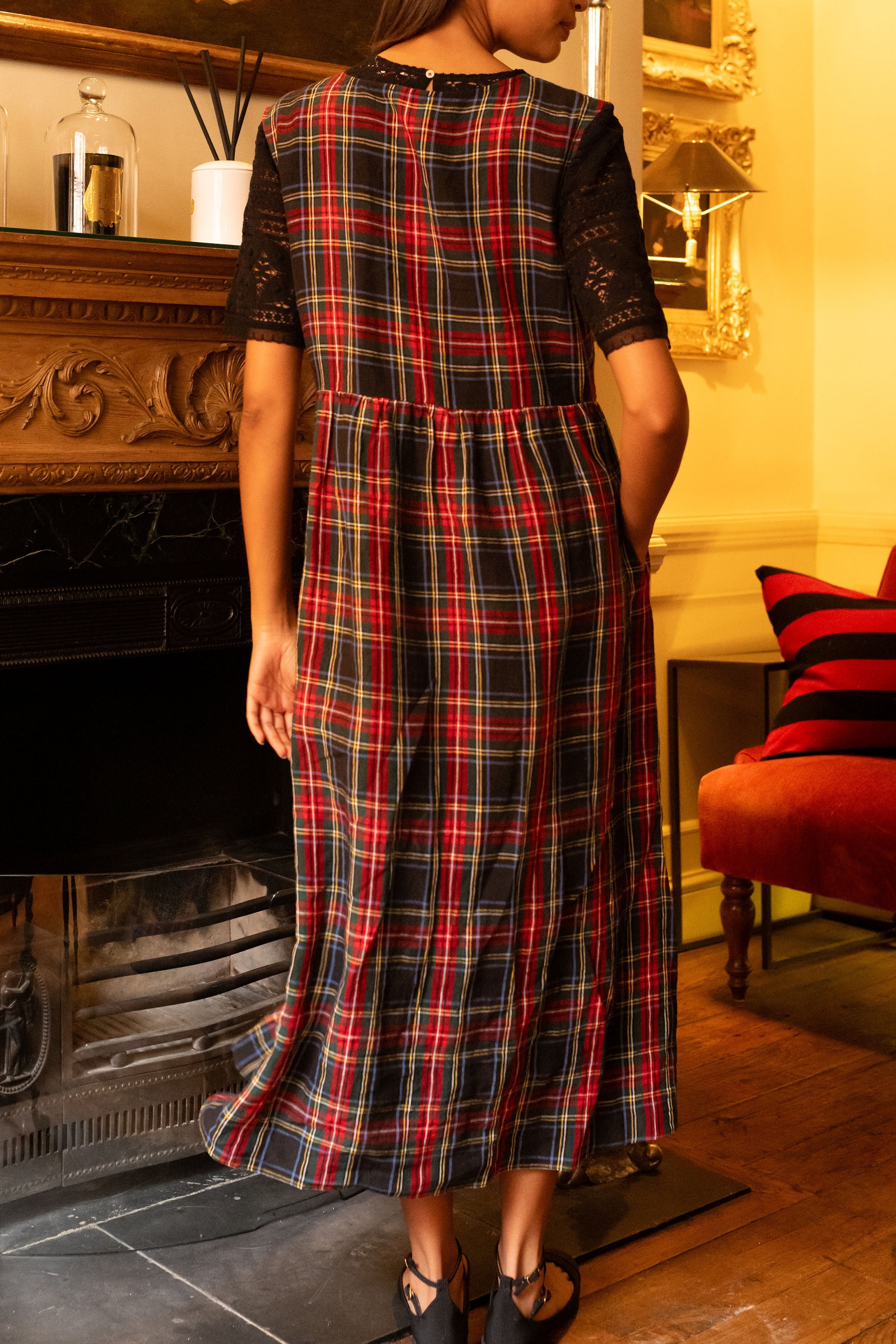 Linen Pinafore Dress in Black Stewart Tartan | Made in England | Justine Tabak