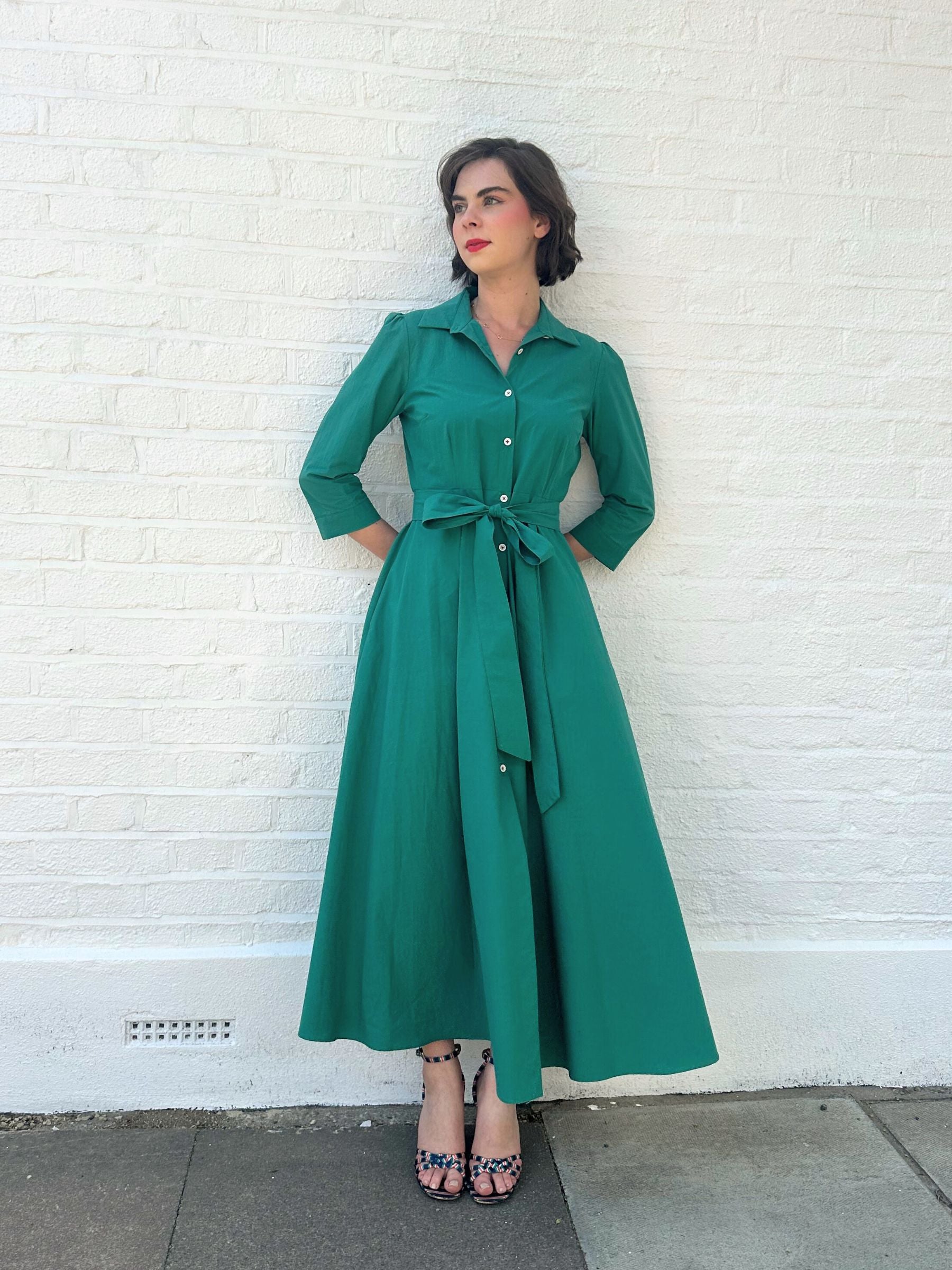 Kensington Dress in Jade Green Typewriter Cotton