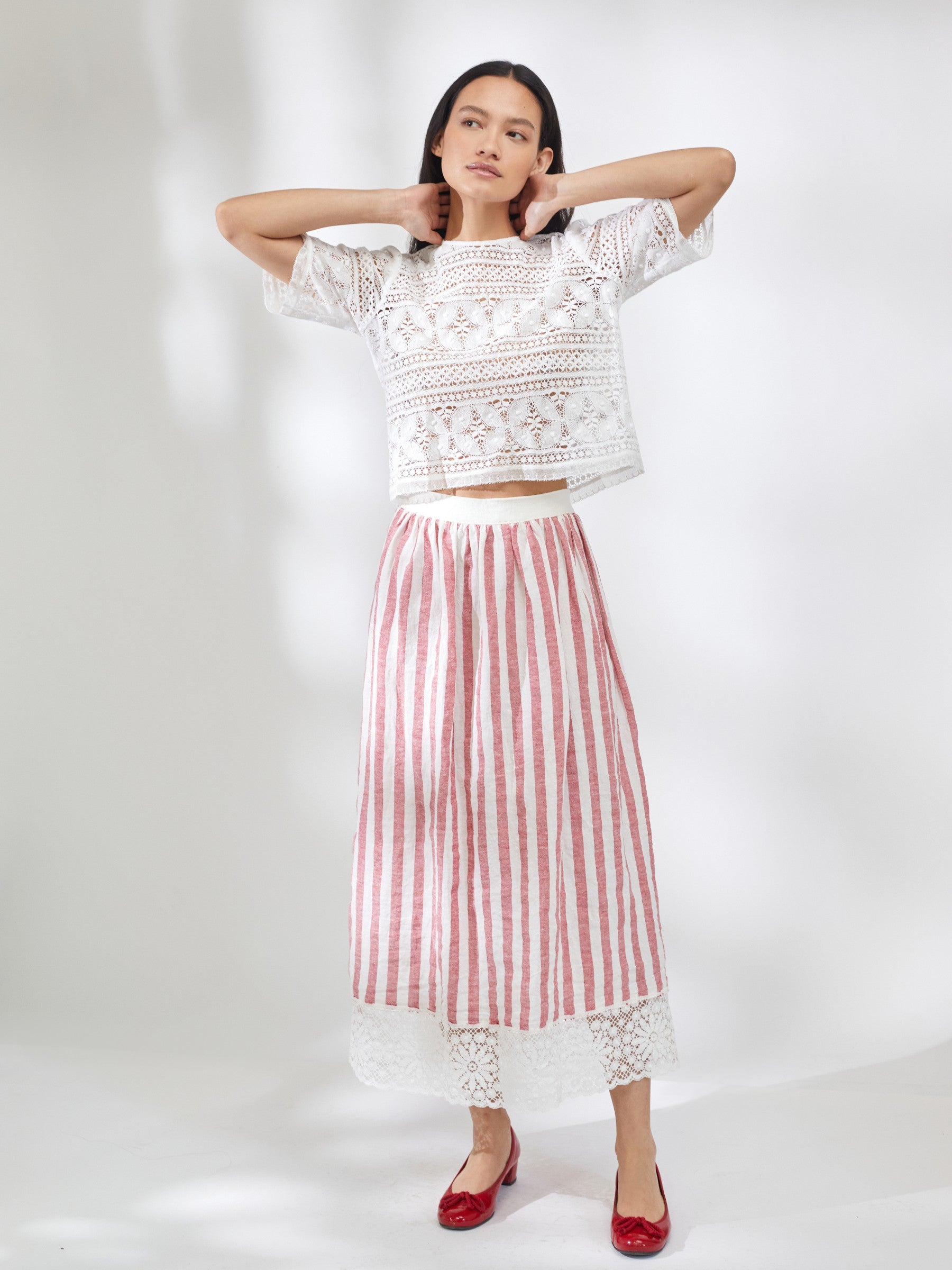 Haworth Skirt in Red Stripe Irish Linen and Nottingham Lace