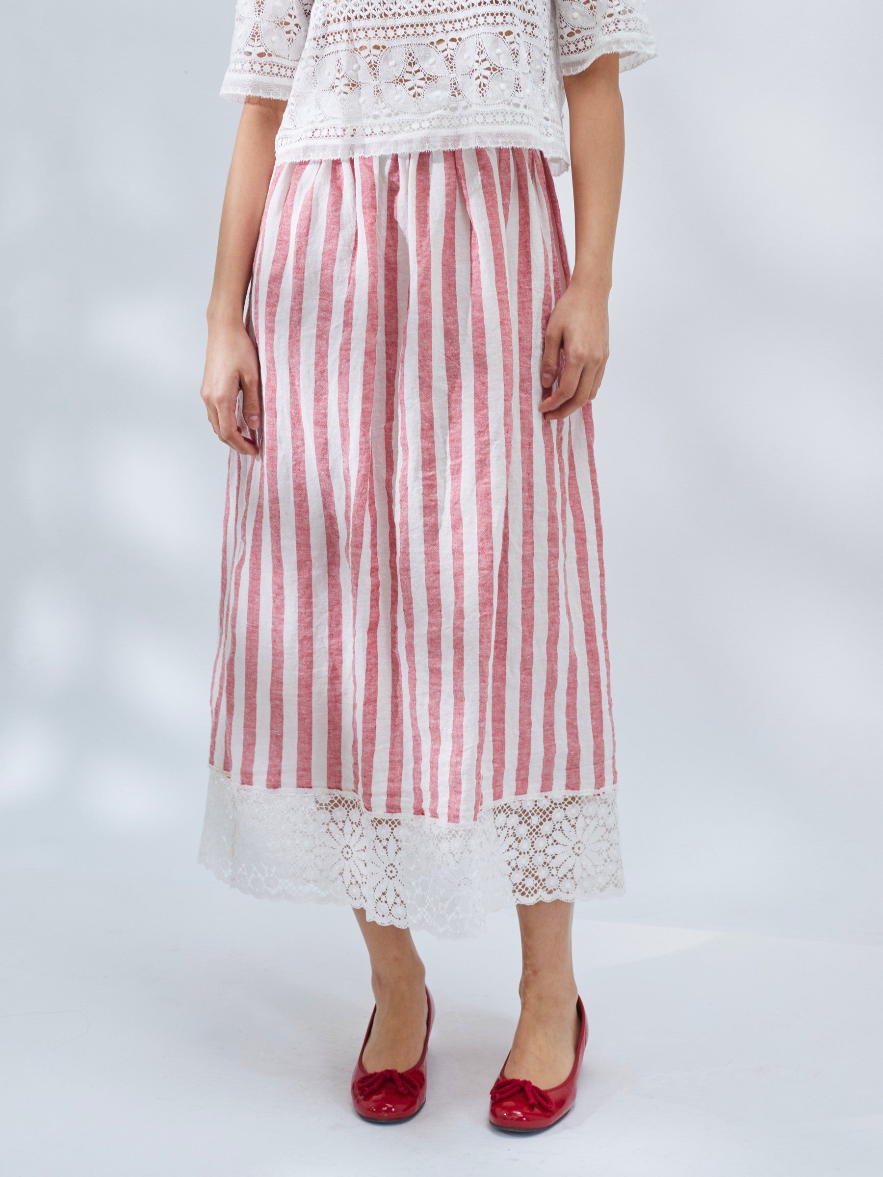Haworth Skirt in Red Stripe Irish Linen and Nottingham Lace
