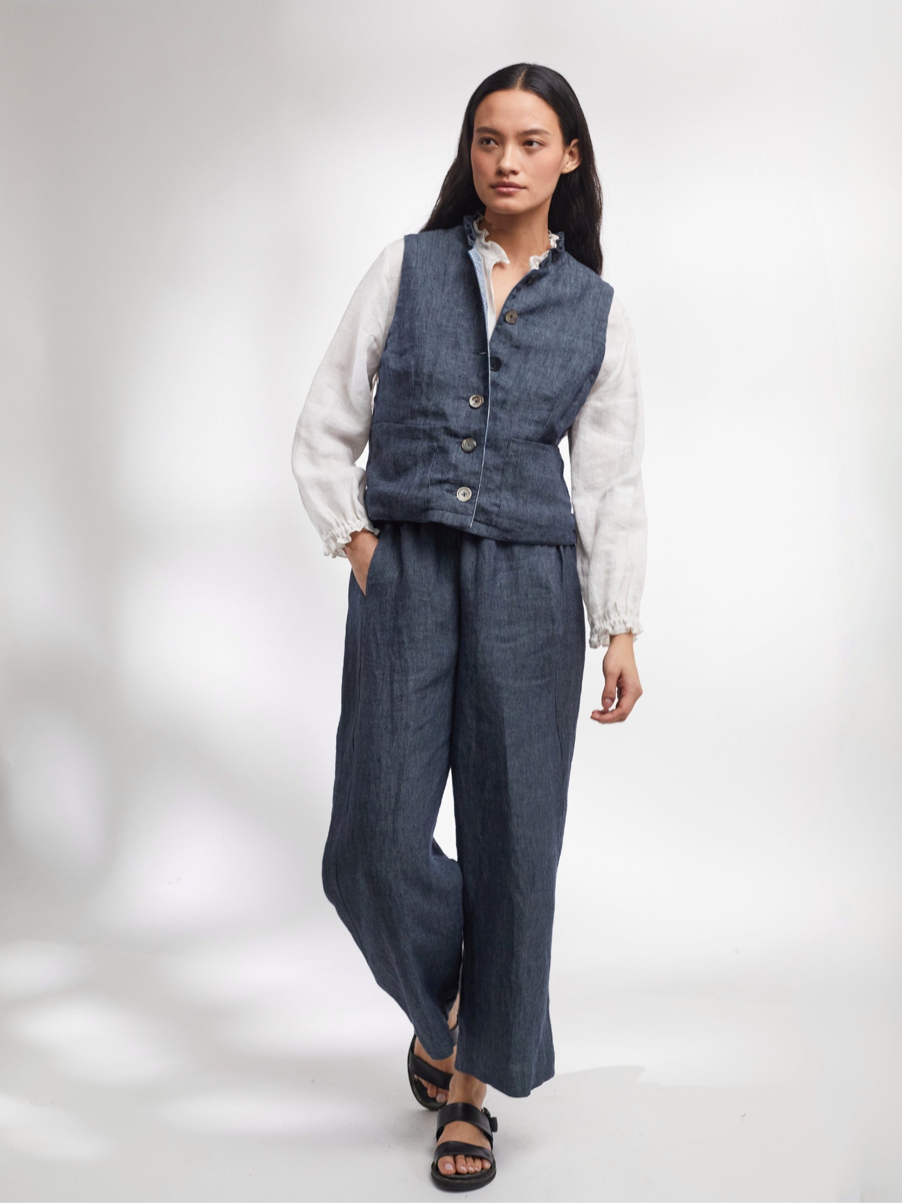 Tattie Waistcoat in Ink Irish Linen Twill and Striped Denim