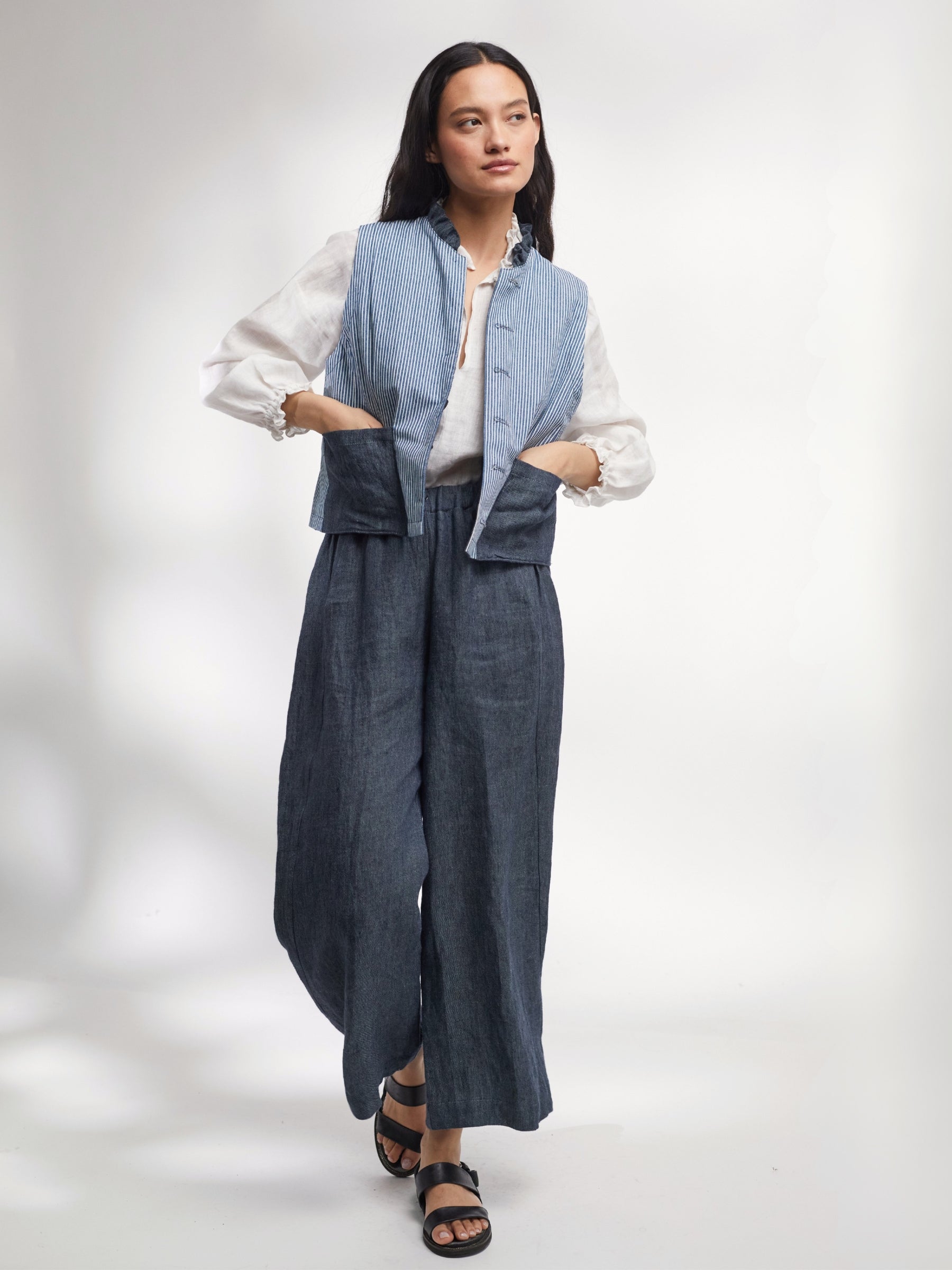 Tattie Waistcoat in Ink Irish Linen Twill and Striped Denim