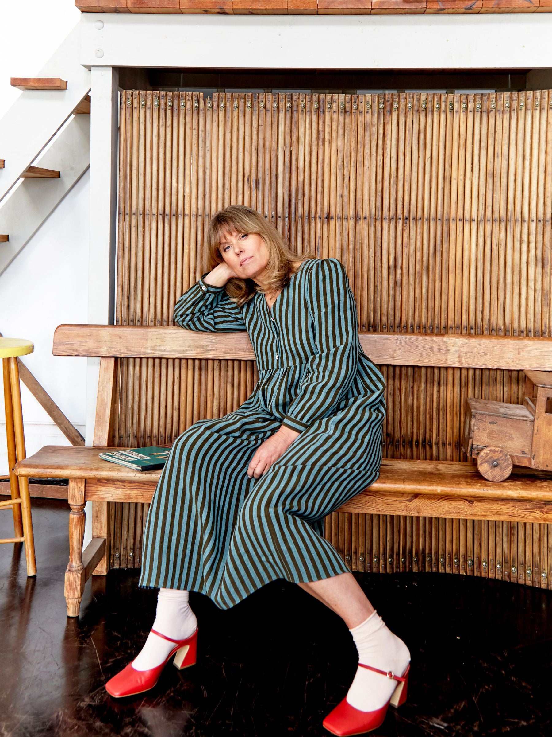 Columbia Market Dress in Aqua and Olive Stripe Irish Linen