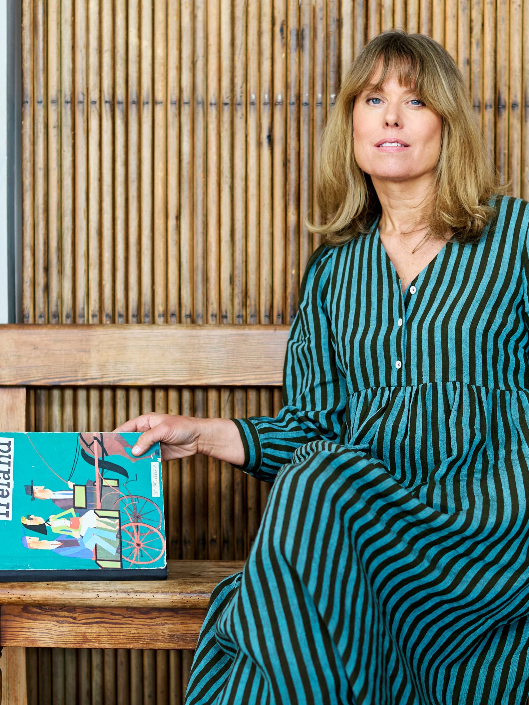 Columbia Market Dress in Aqua and Olive Stripe Irish Linen