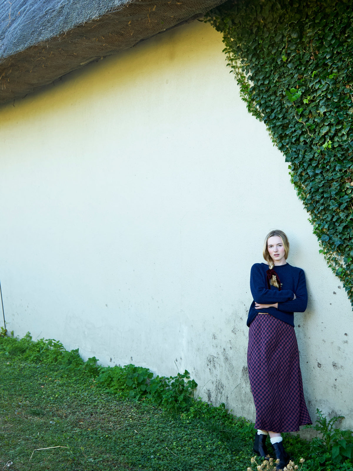 Bias Cut Skirt in Berry Gingham Irish Linen