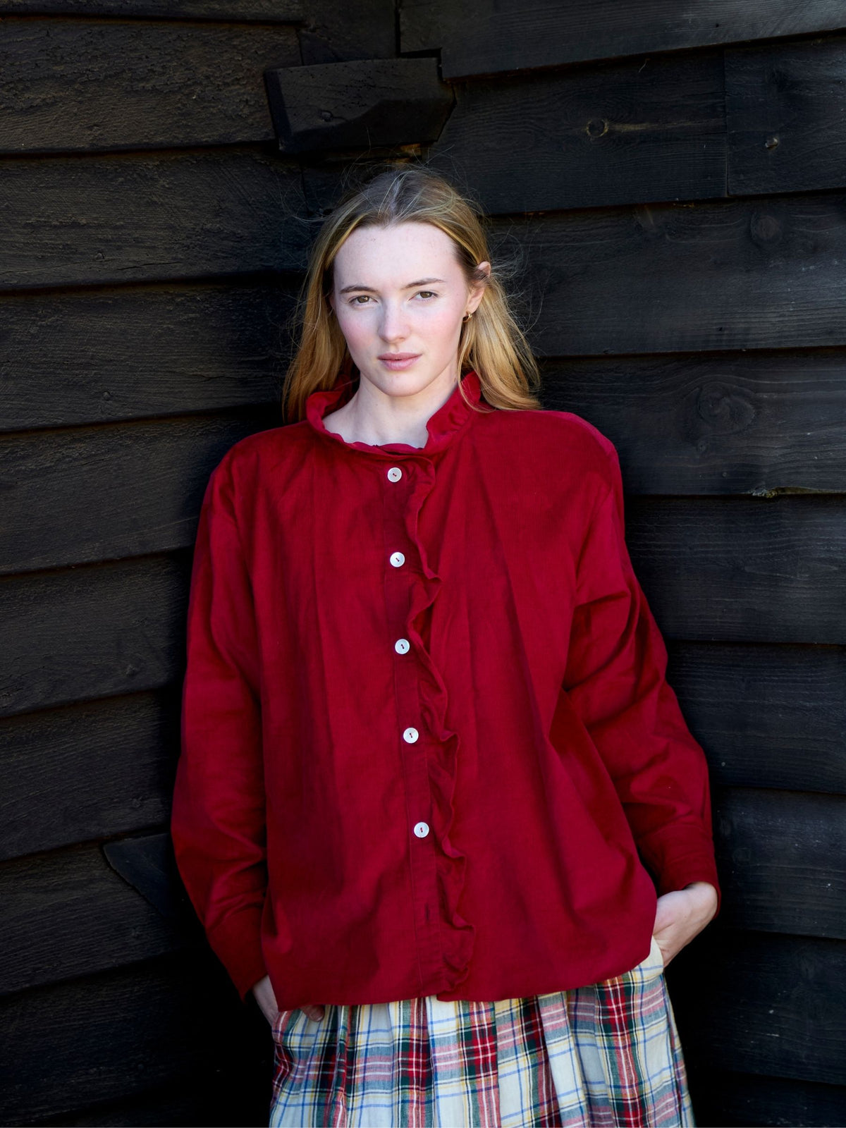 Selby Ruffle Shirt in Red Corduroy