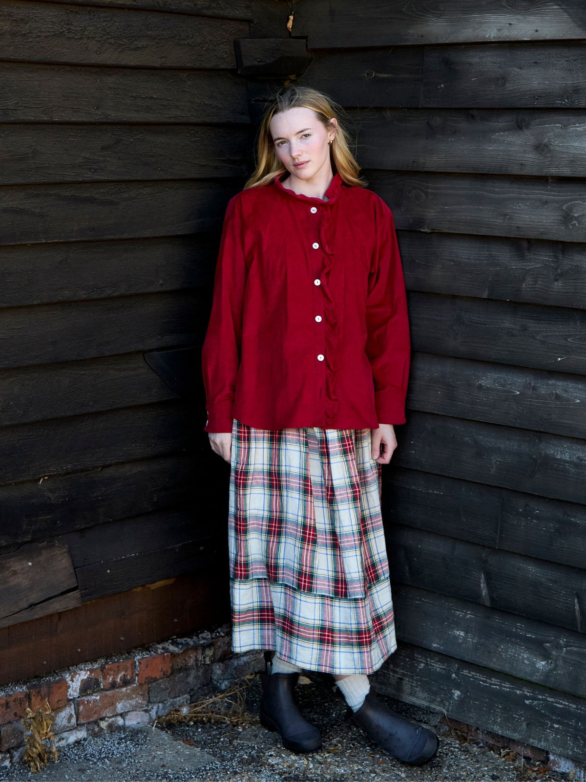 Selby Ruffle Shirt in Red Corduroy