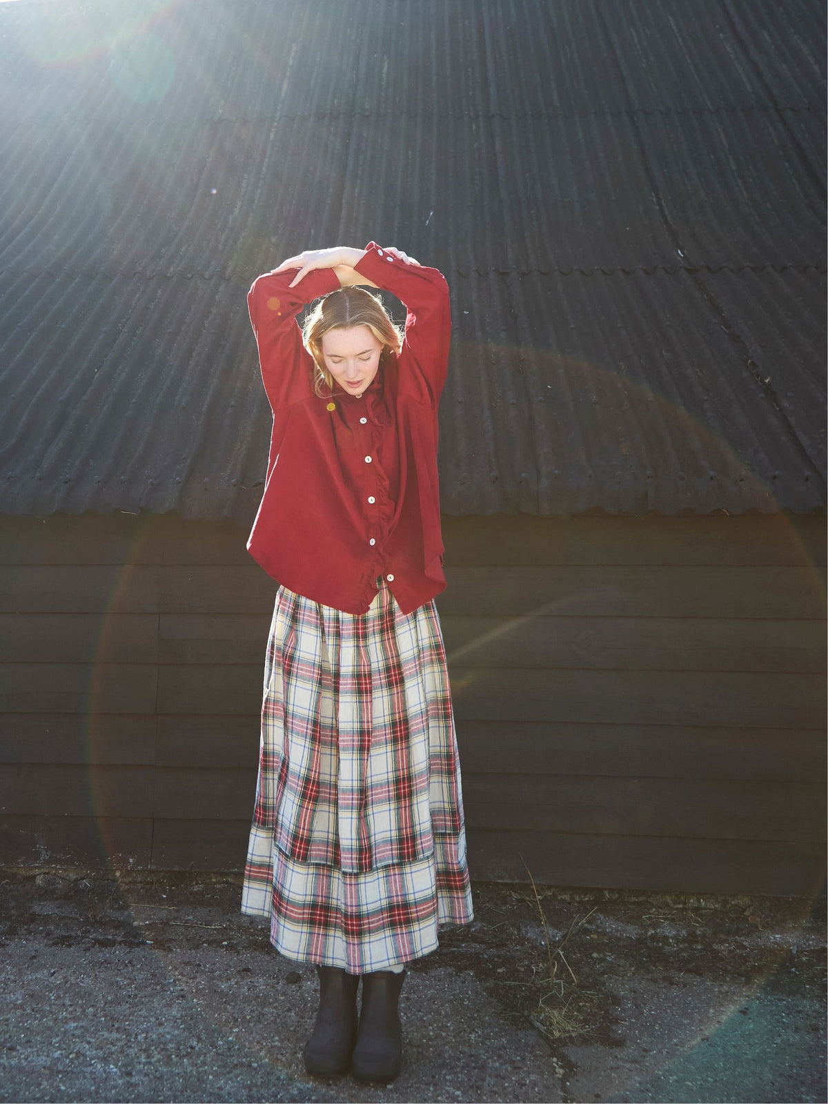 Bobbie Skirt in Cream Tartan Irish Linen
