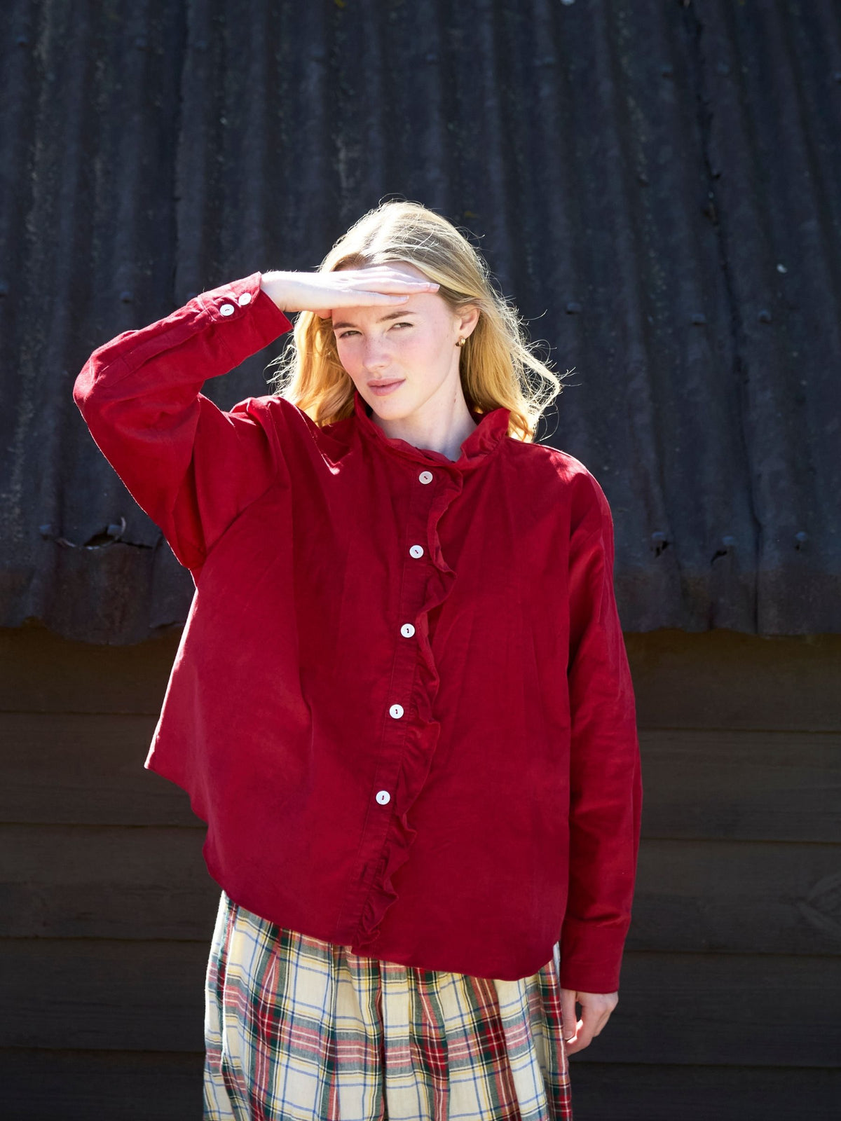 Selby Ruffle Shirt in Red Corduroy