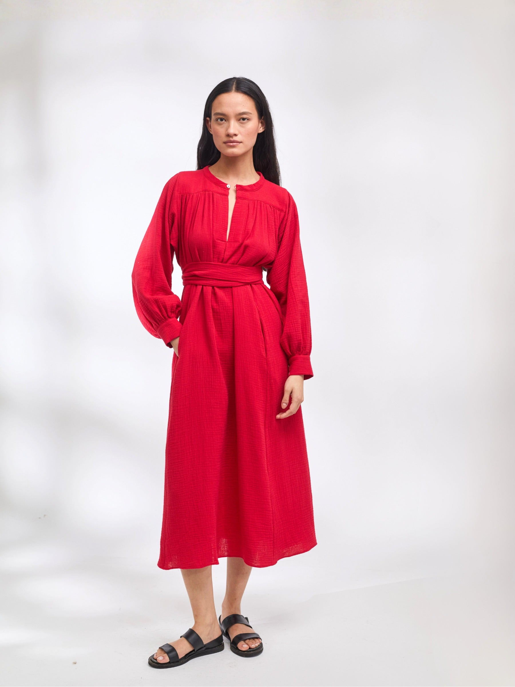 open lace back dress 1990s Red Crinkle Dress, Sz. 3XL
