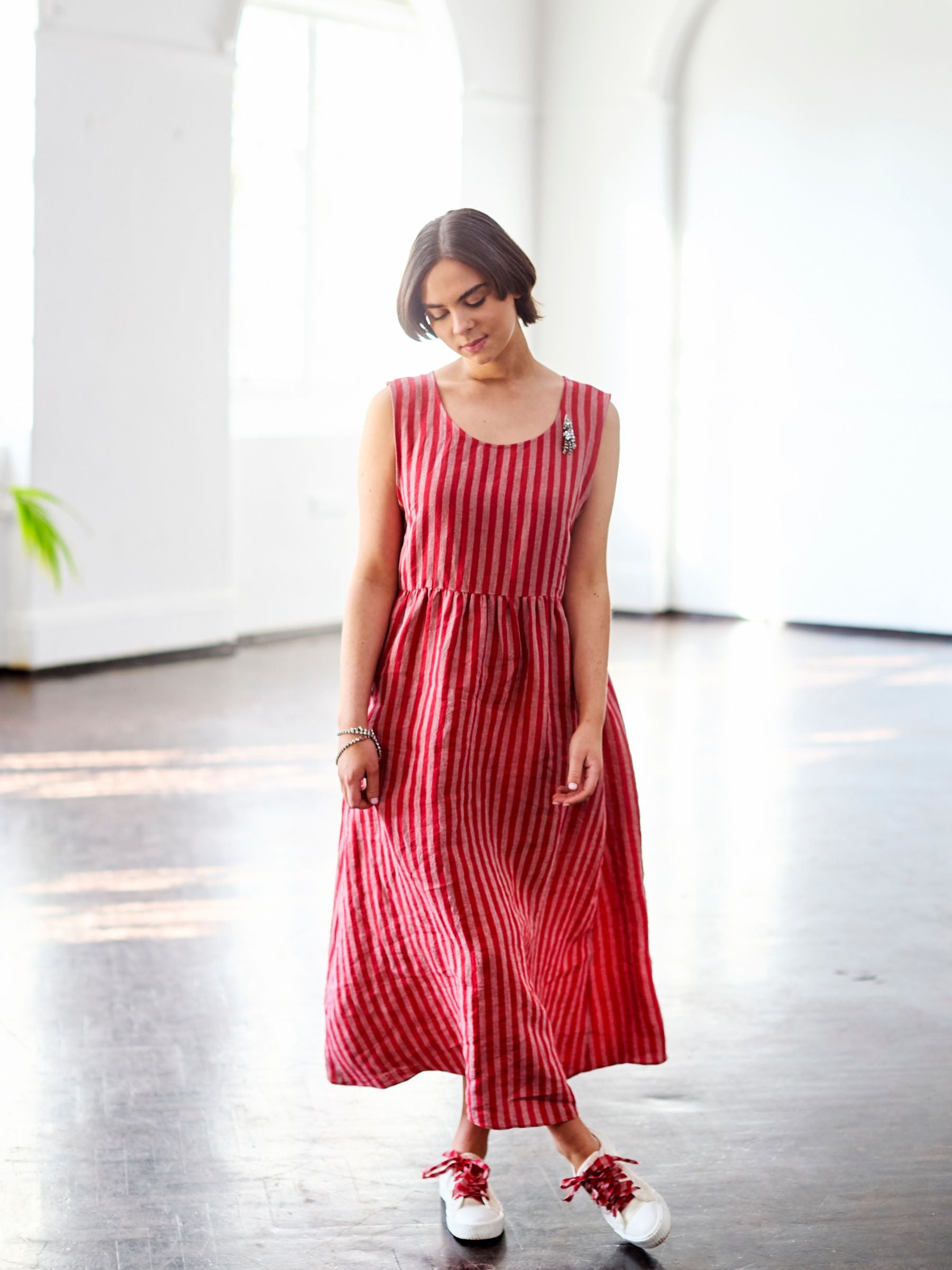 Pembroke Pinafore in Antique Rose Striped Irish Linen