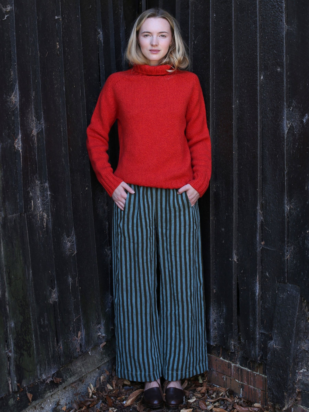 Hove Trouser in Aqua and Olive Stripe Irish Linen