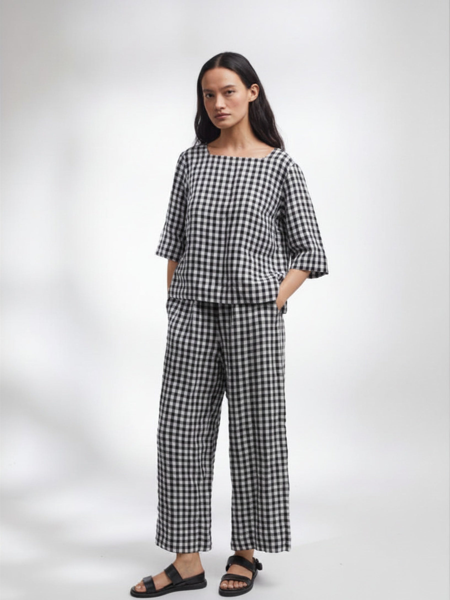 Padstow Top in Black and White Gingham Irish Linen