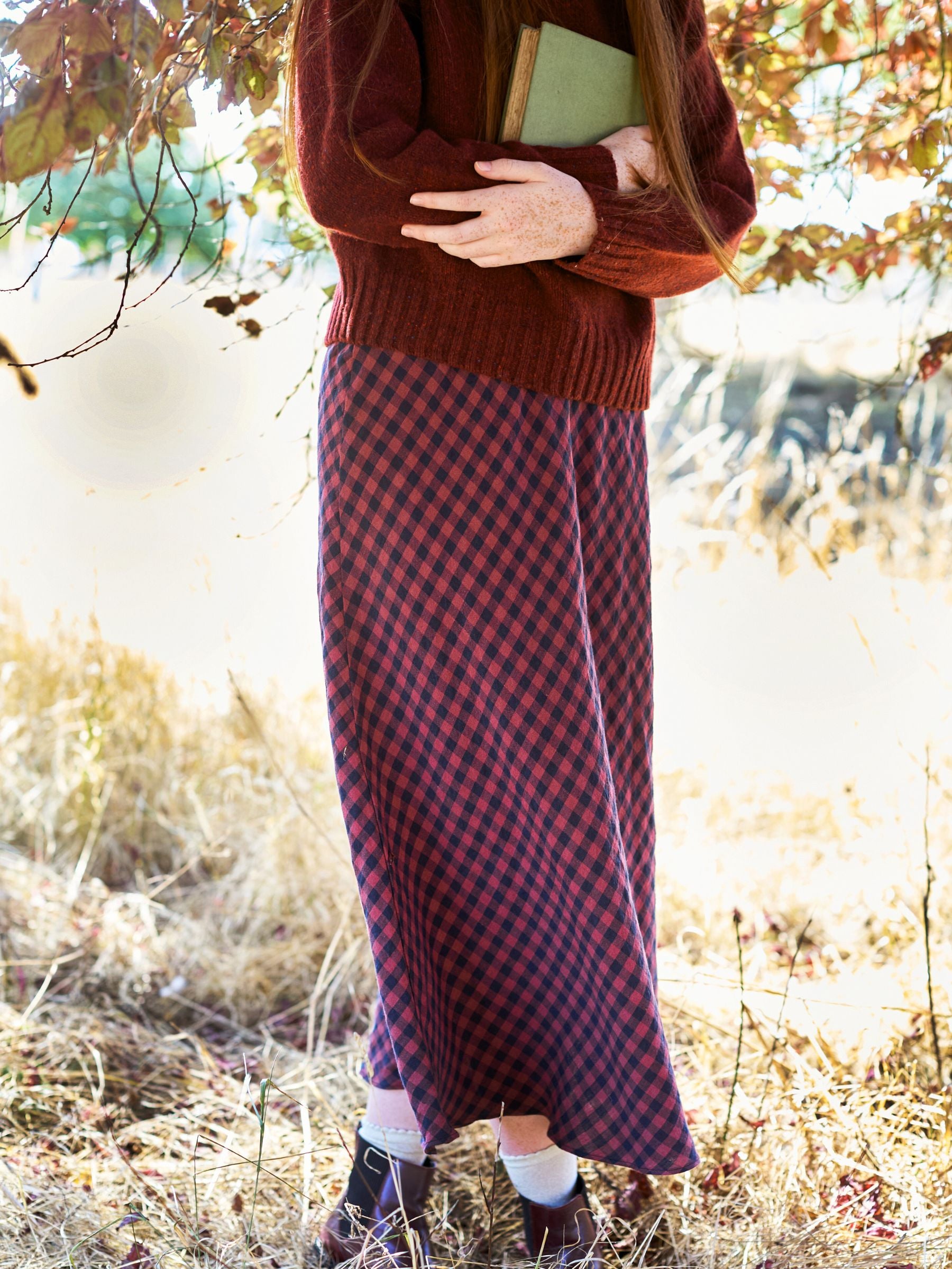 Bias Cut Skirt in Berry Gingham Irish Linen