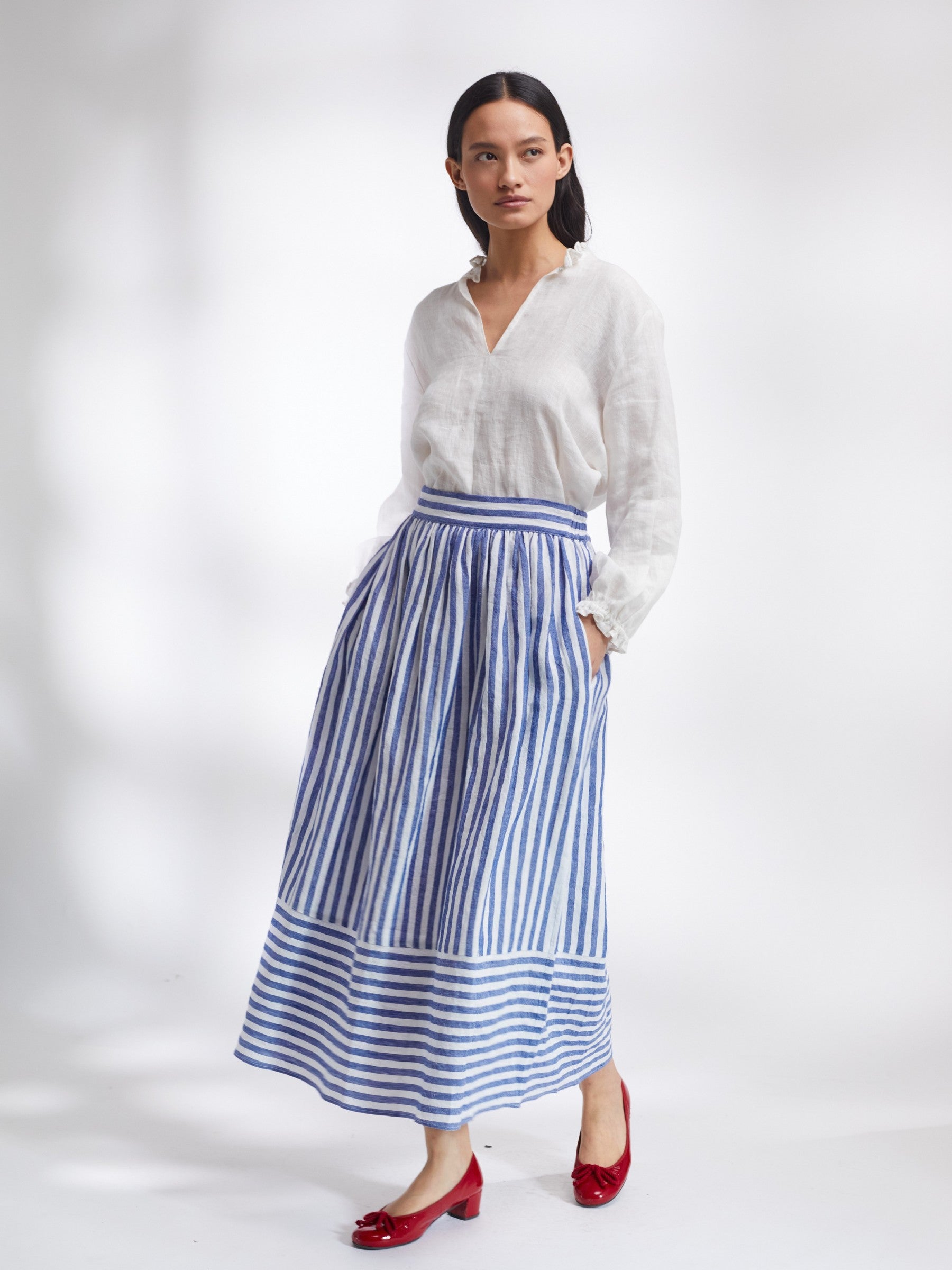Bobbie Skirt in Blue and White Stripe Irish Linen