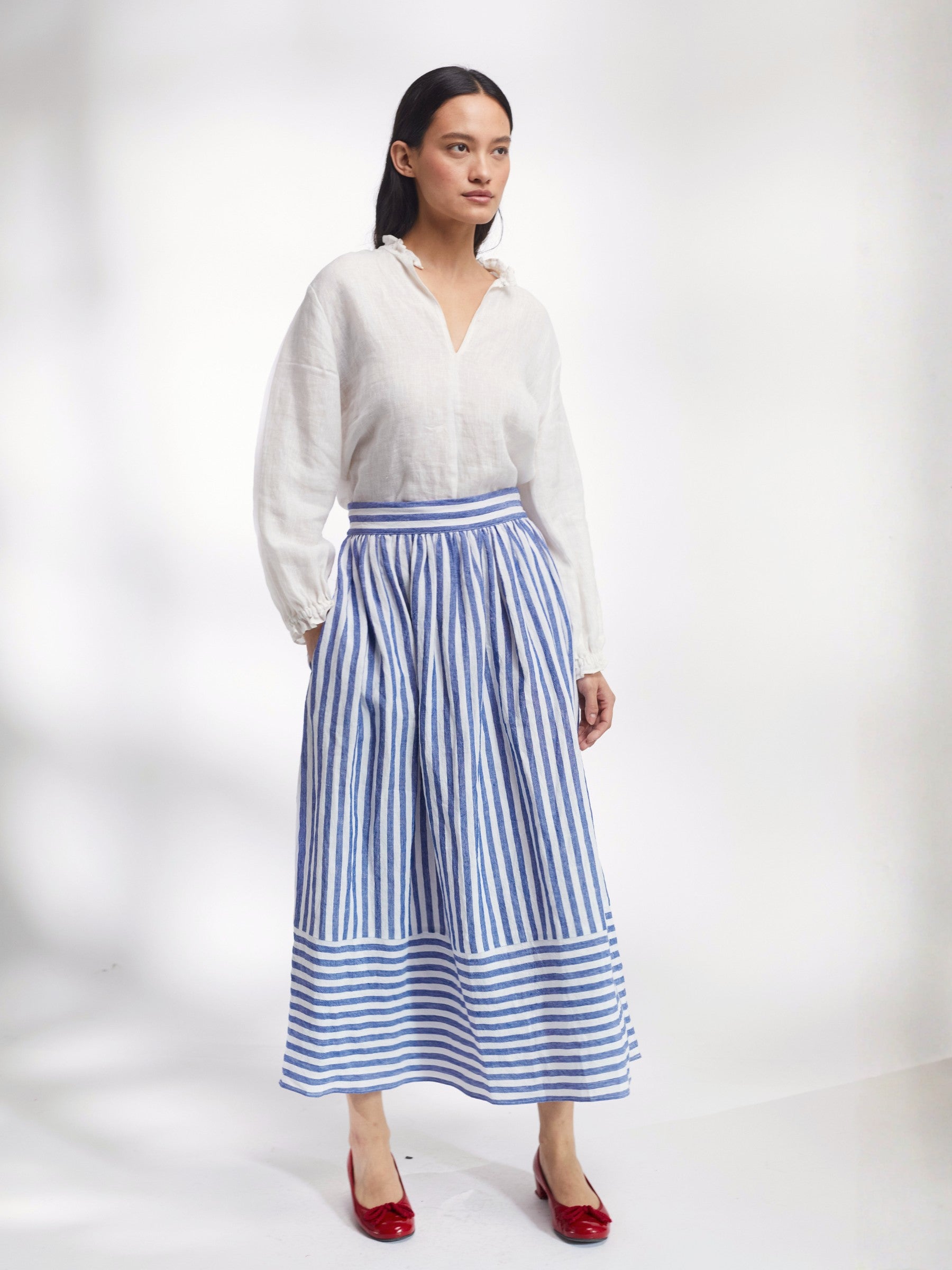 Bobbie Skirt in Blue and White Stripe Irish Linen