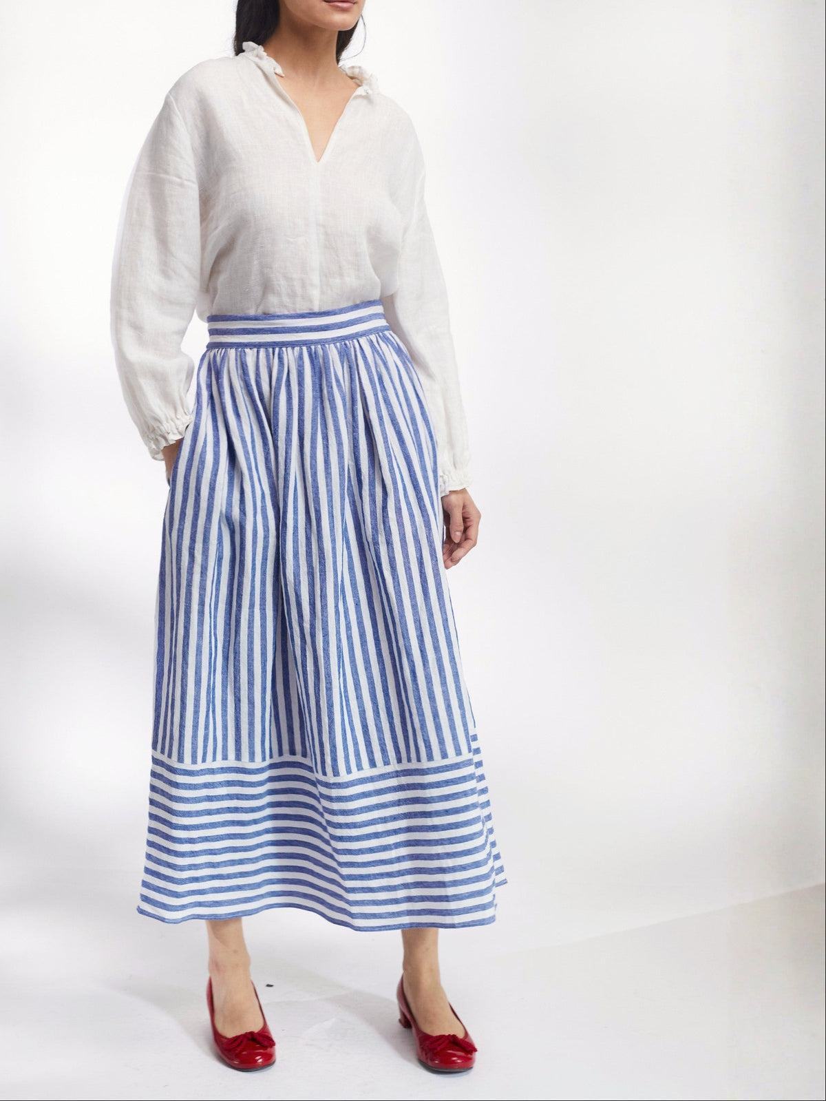 Bobbie Skirt in Blue and White Stripe Irish Linen