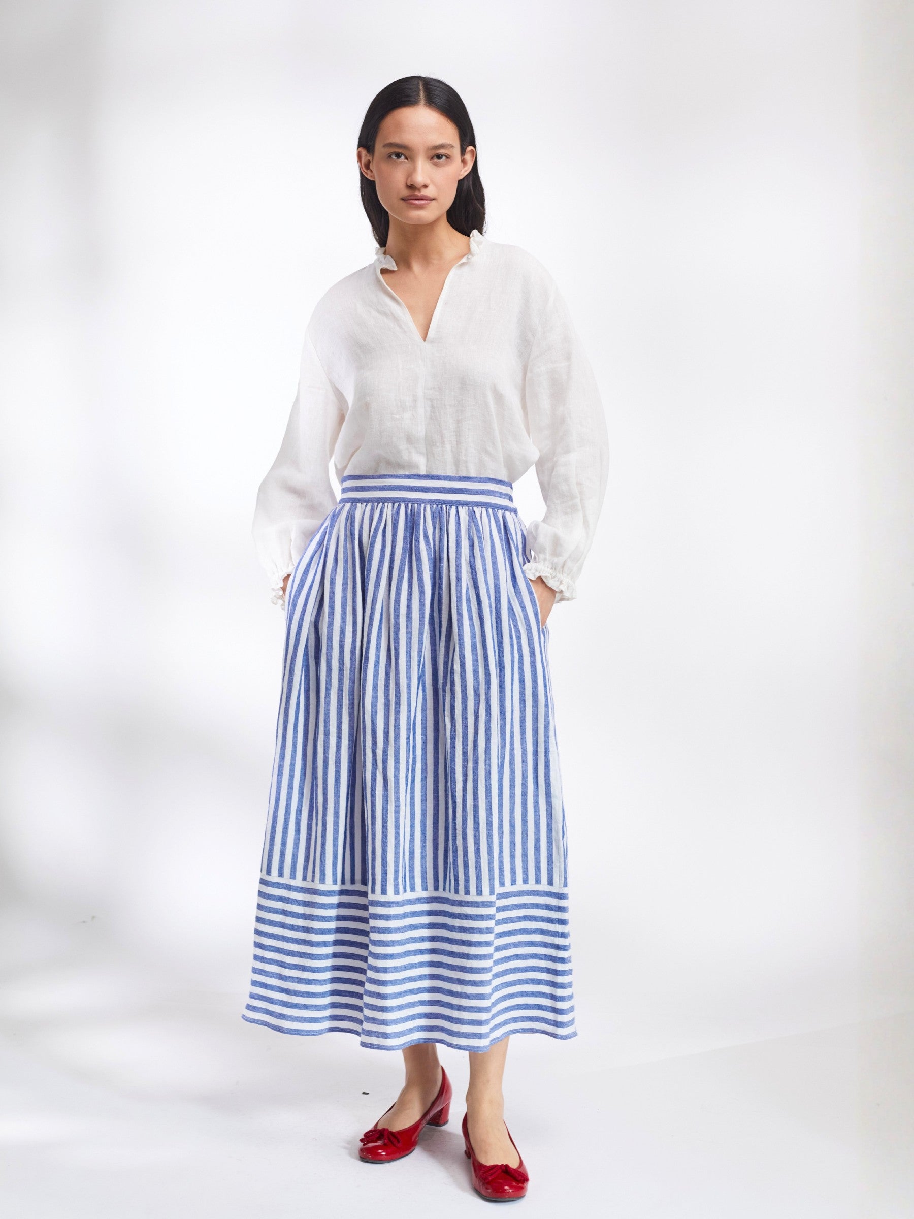 Bobbie Skirt in Blue and White Stripe Irish Linen