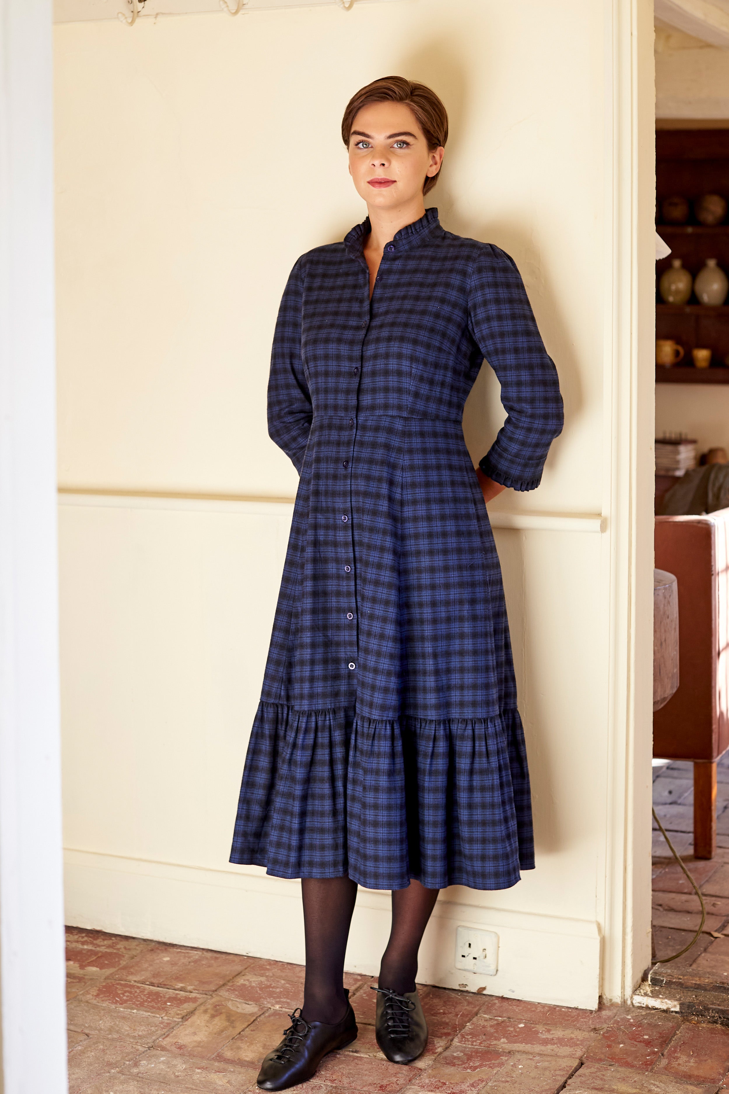 Saltaire Dress in Black and Blue Shadow Check