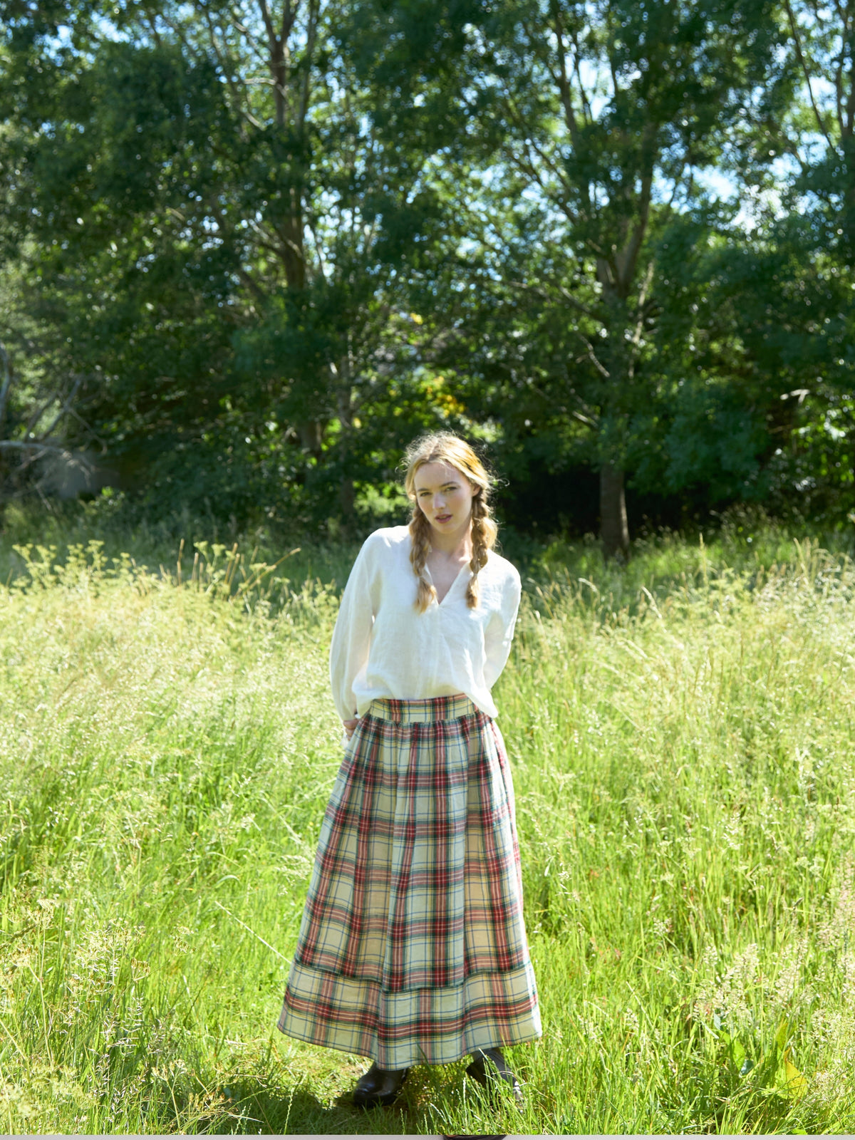Bobbie Skirt in Cream Tartan Irish Linen