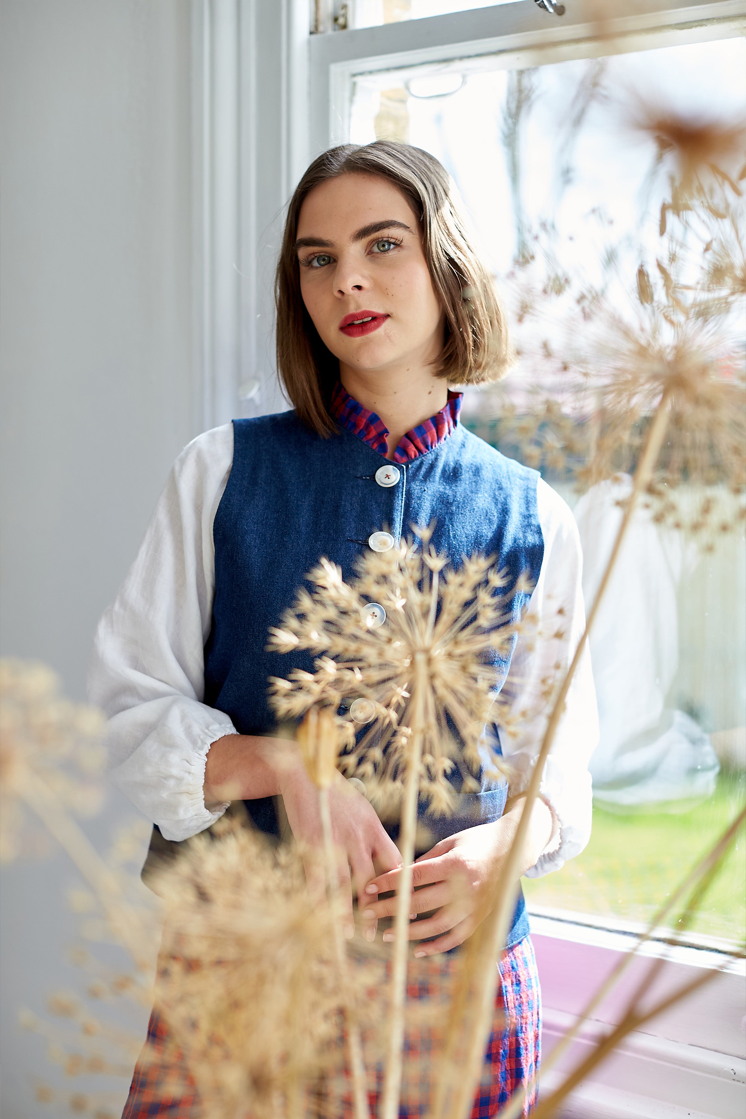 Reversible Waistcoat in Irish Linen Gingham and Denim | Made in England | Justine Tabak