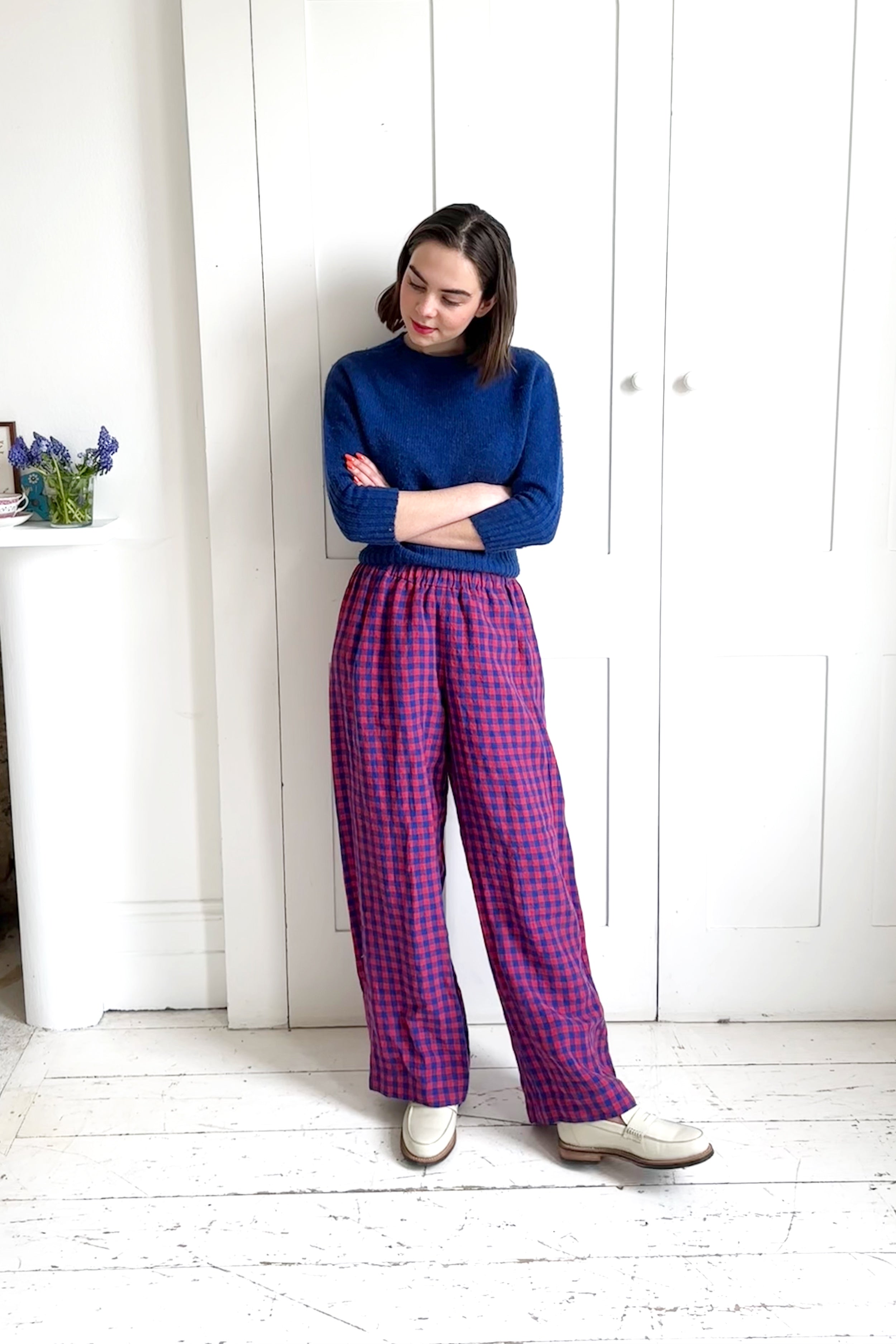 Pull-on trouser in Red and Blue Gingham Irish Linen | Made in England | Justine Tabak
