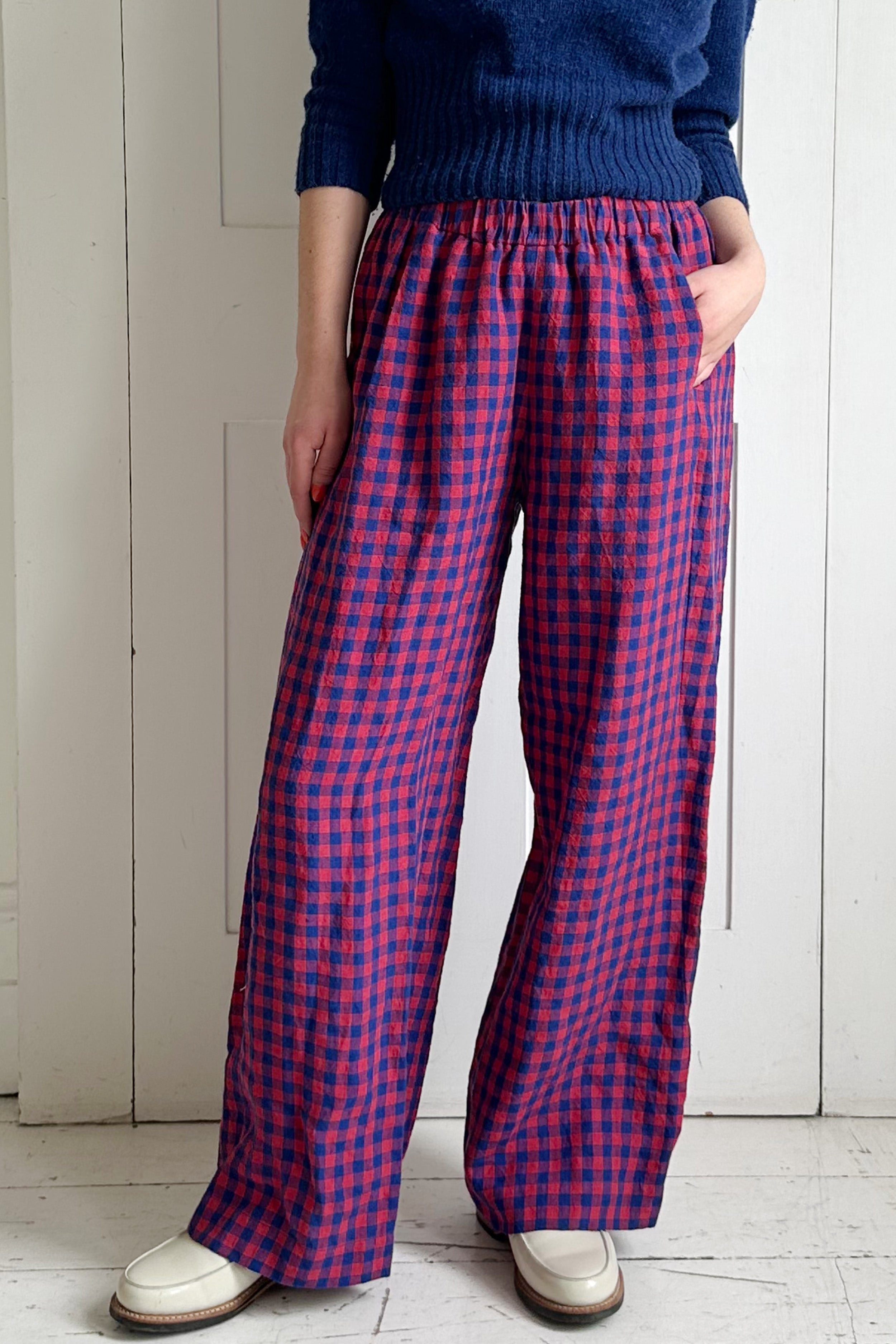 Pull-on trouser in Red and Blue Gingham Irish Linen | Made in England | Justine Tabak