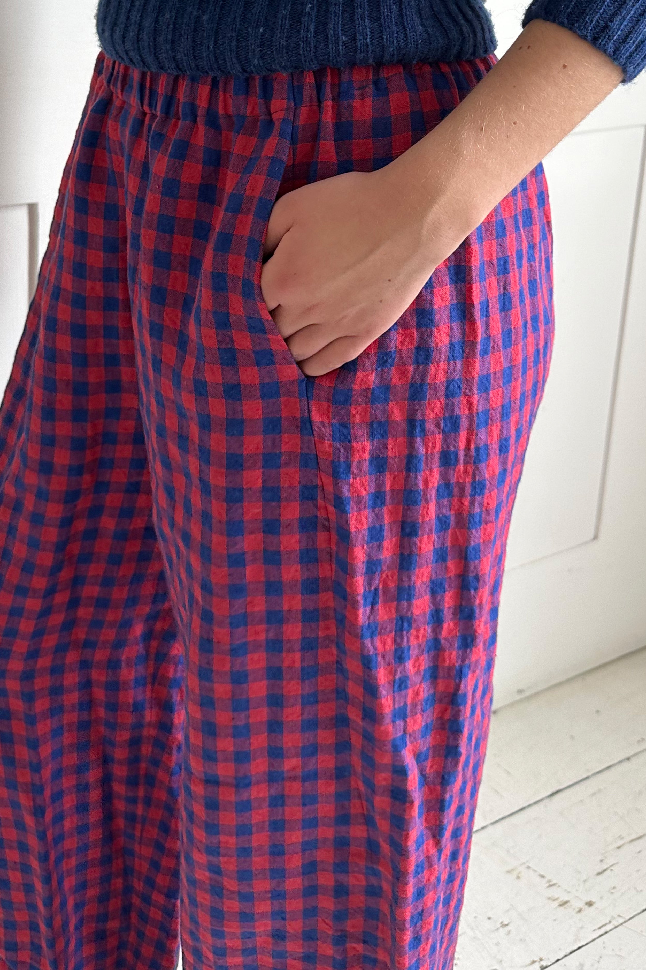 Pull-on trouser in Red and Blue Gingham Irish Linen | Made in England | Justine Tabak