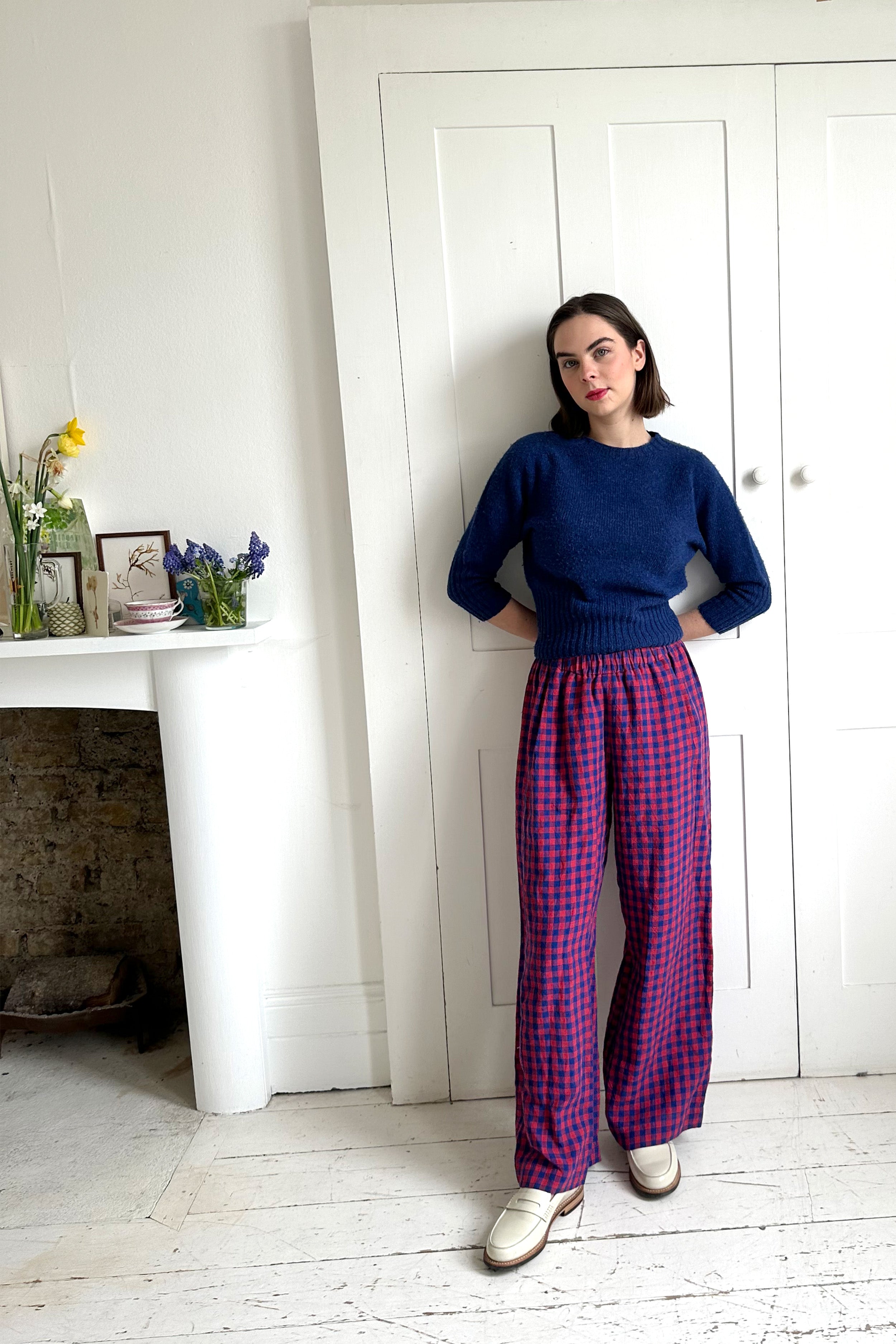 Pull-on trouser in Red and Blue Gingham Irish Linen | Made in England | Justine Tabak