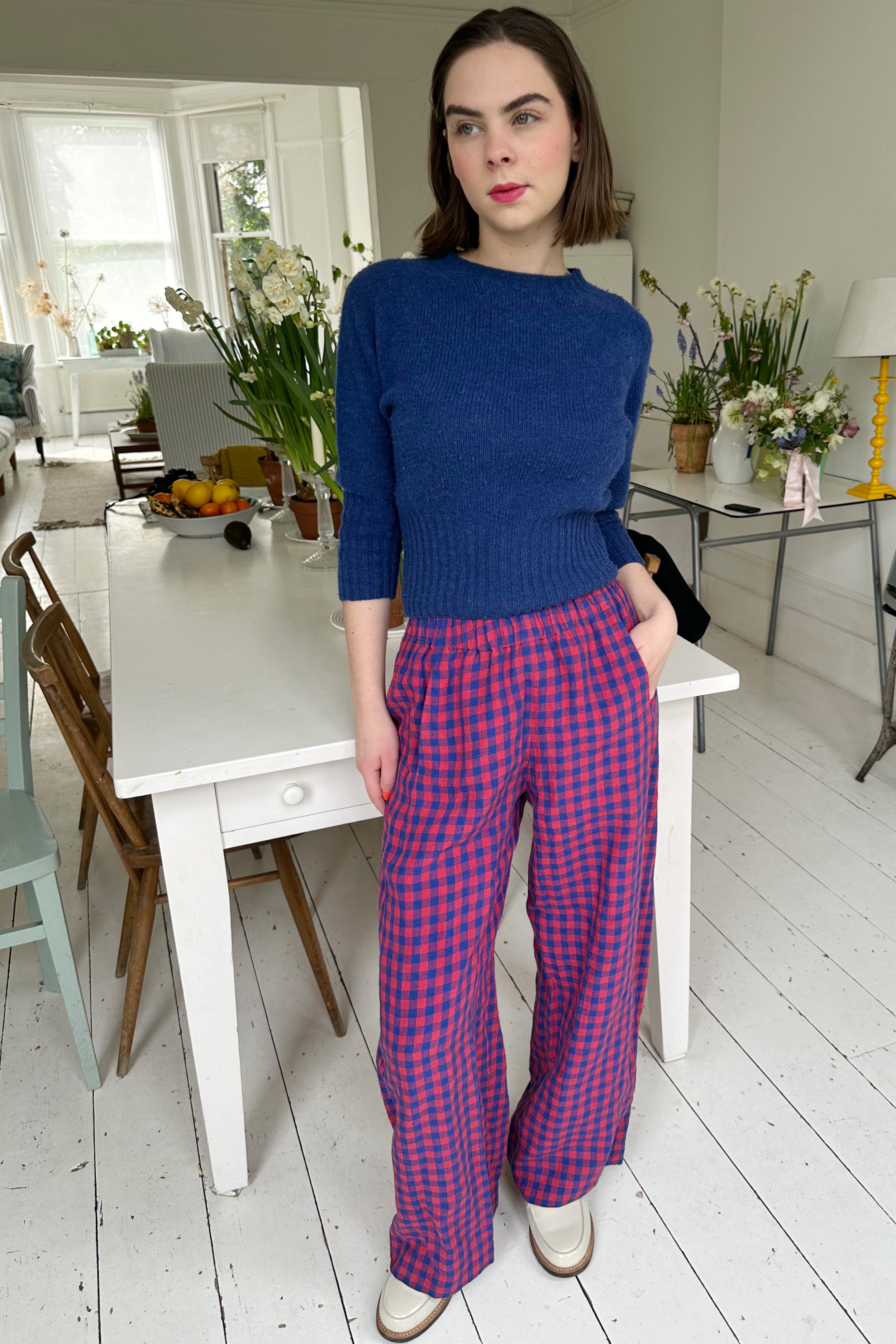 Pull-on trouser in Red and Blue Gingham Irish Linen | Made in England | Justine Tabak