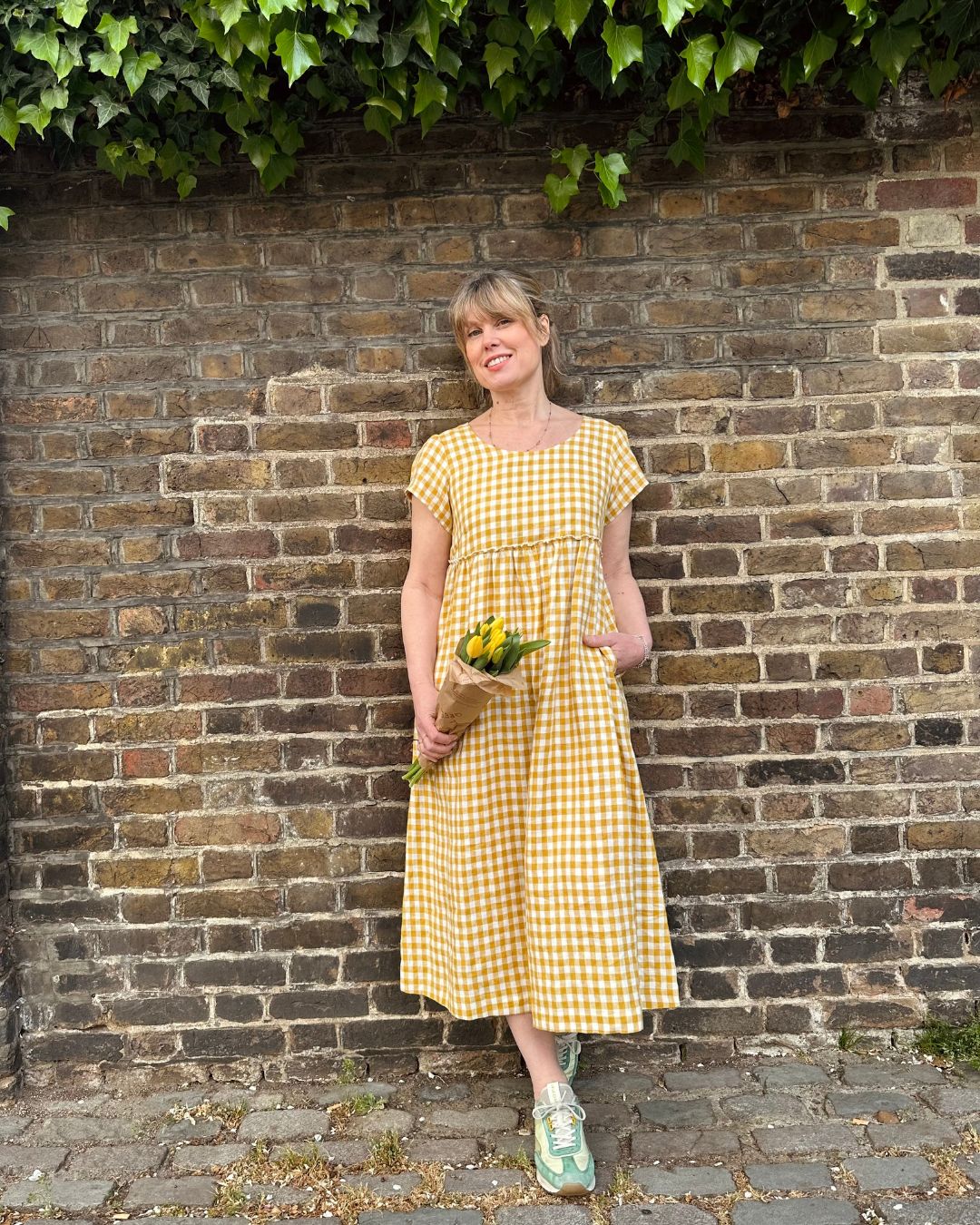 Short Sleeve Empire Line Dress in Yellow Gingham Linen | Made in England | Justine Tabak Short Sleeve Empire Line Dress in Yellow Gingham Linen | Made in England | Justine Tabak