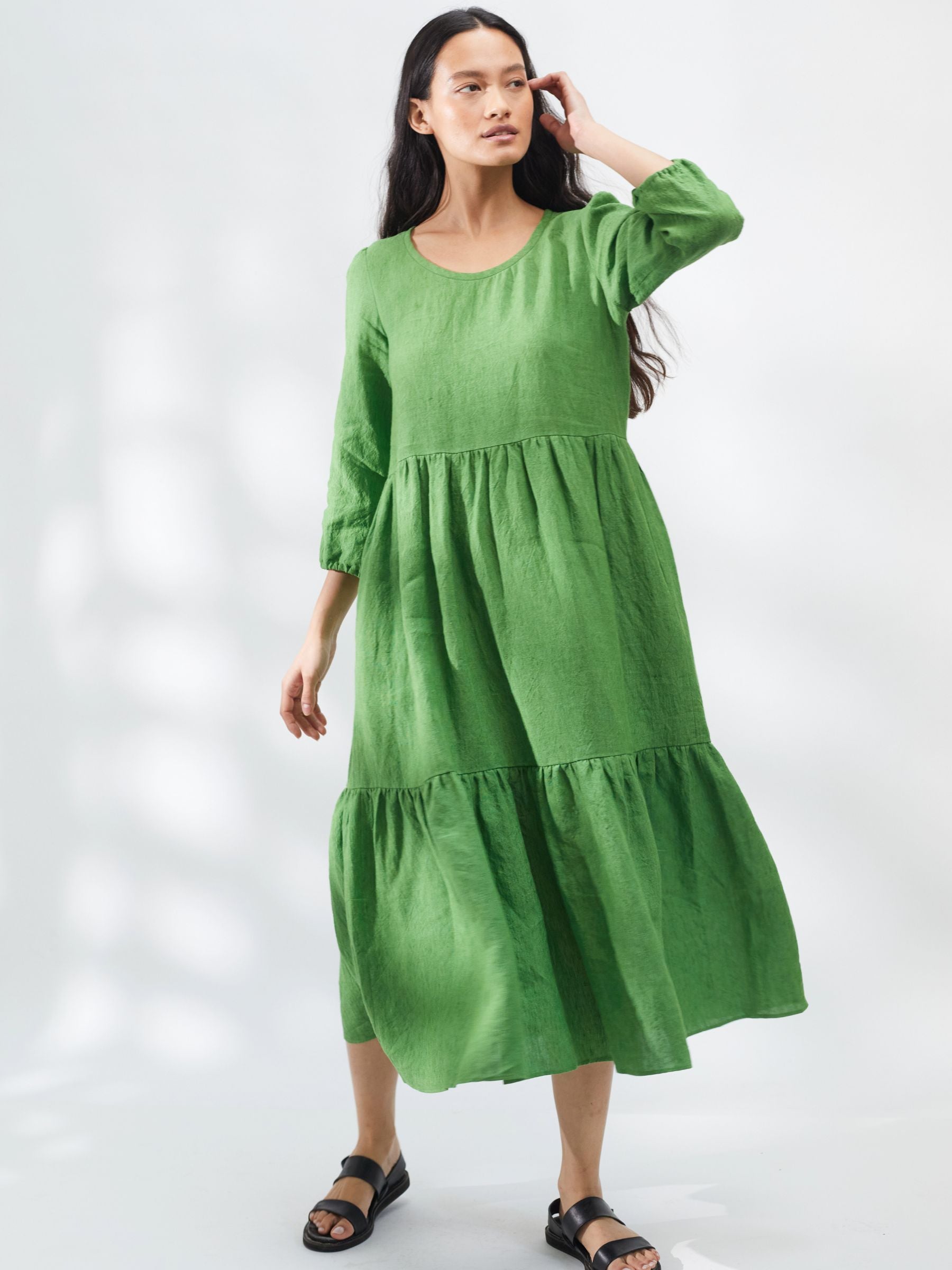 tiered midi dress uk Tiered Midi Dress in Green Linen | Made In England