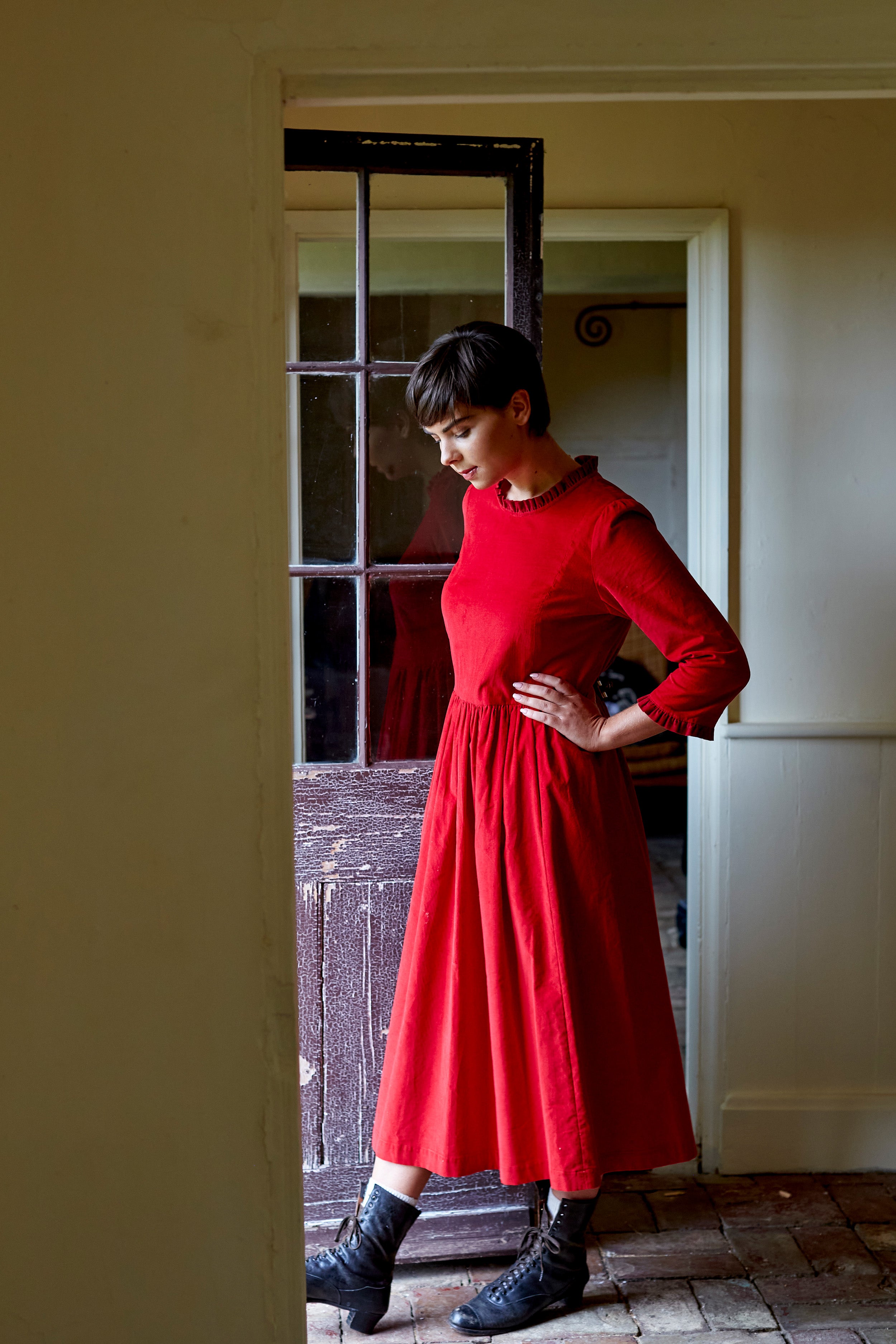 Mia Dress in Red and Ruby Corduroy