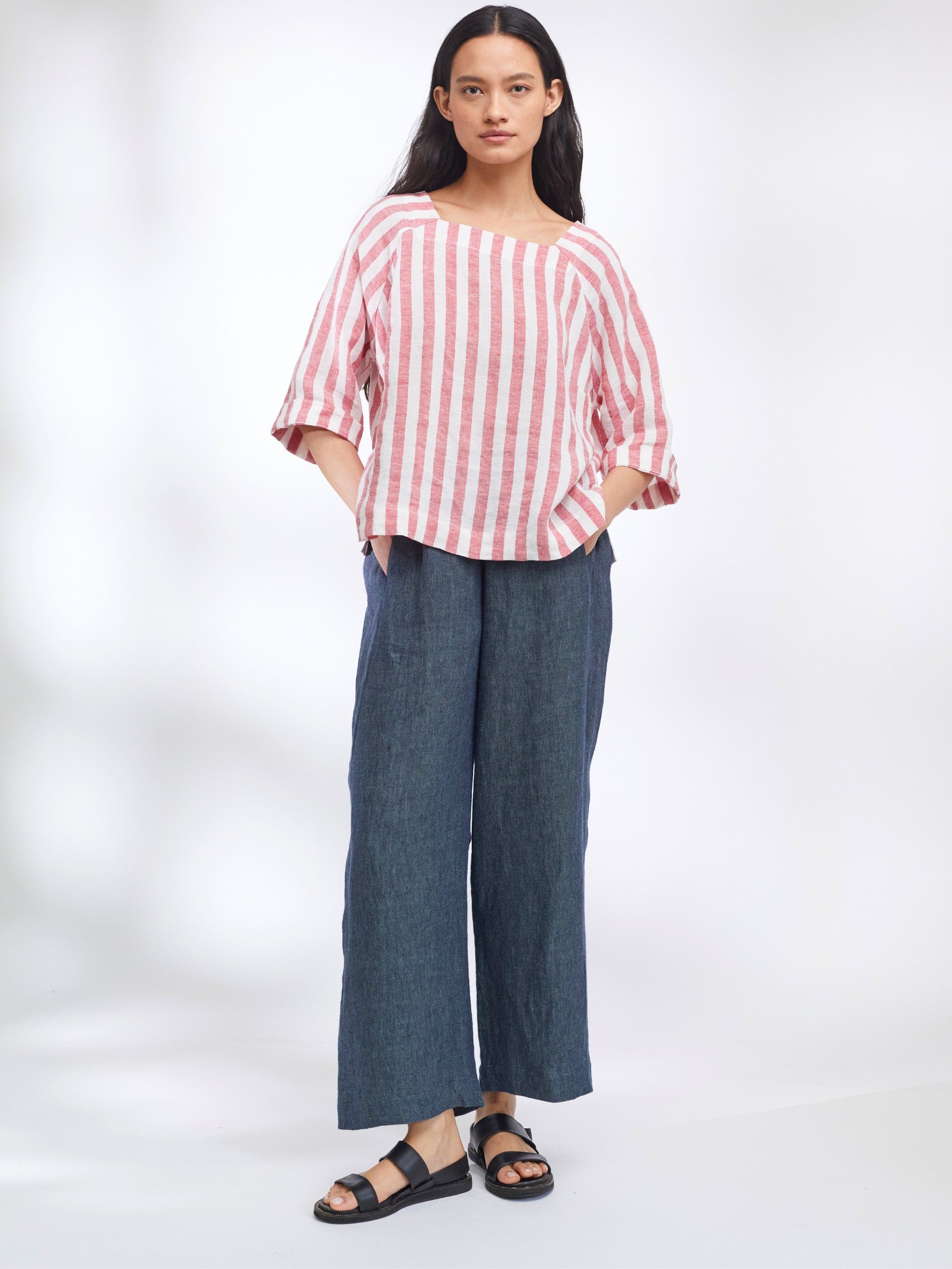 Padstow Raglan Top in Red Stripe Irish Linen