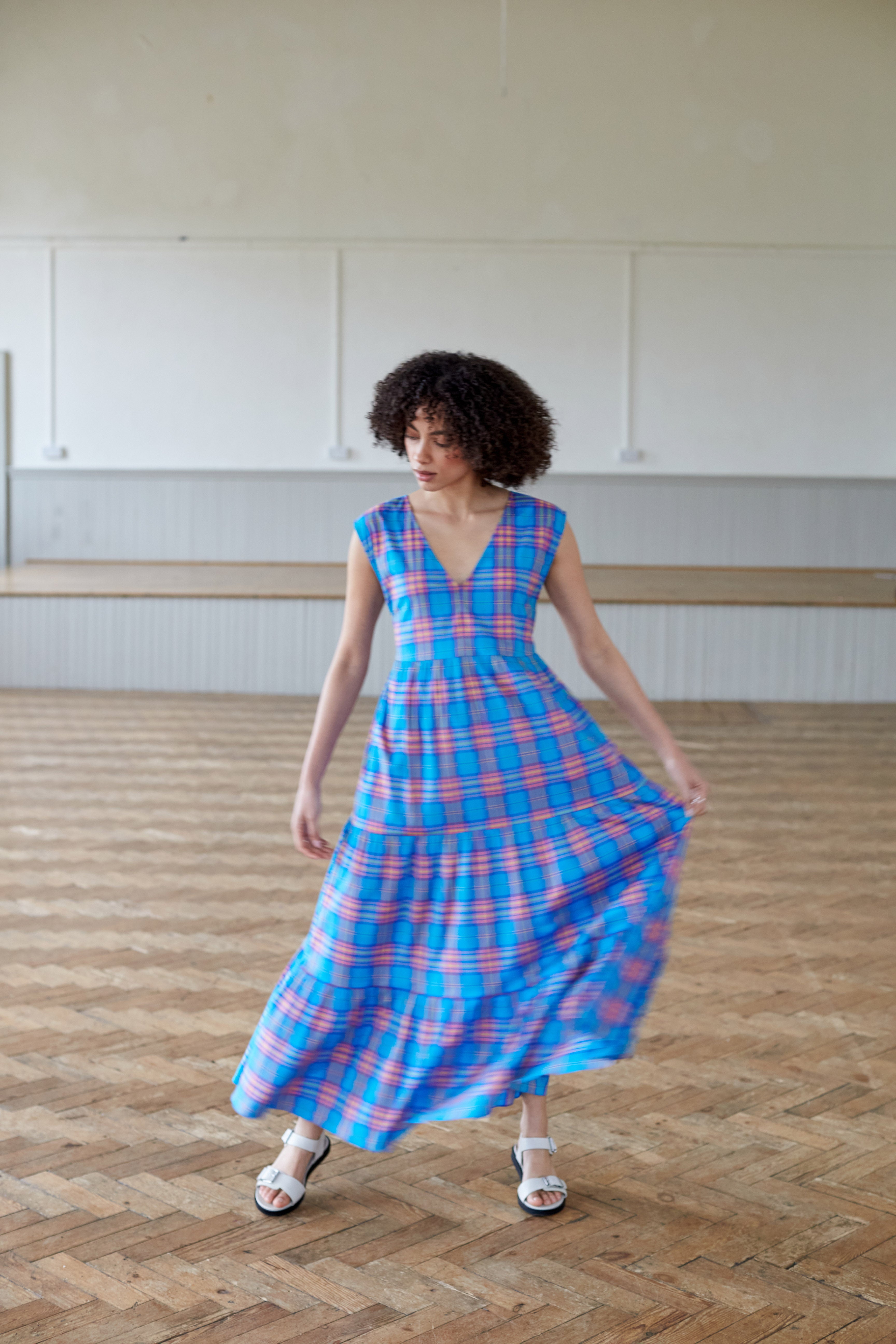 blue check sleeveless cotton maxi sundress. Made in England heck sleeveless cotton maxi , tiered sundress. Made in England