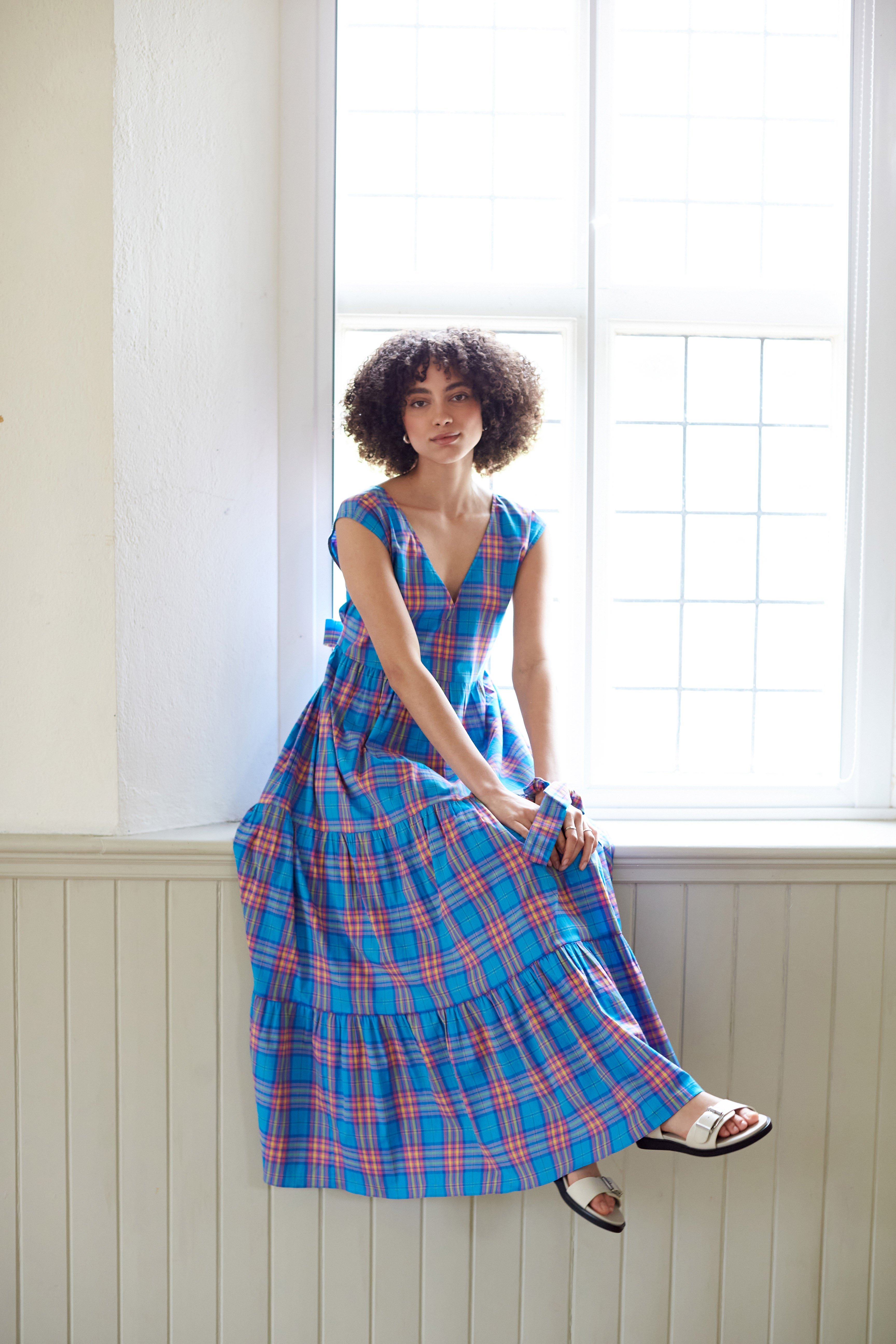 blue check sleeveless cotton maxi , tiered sundress. Made in England