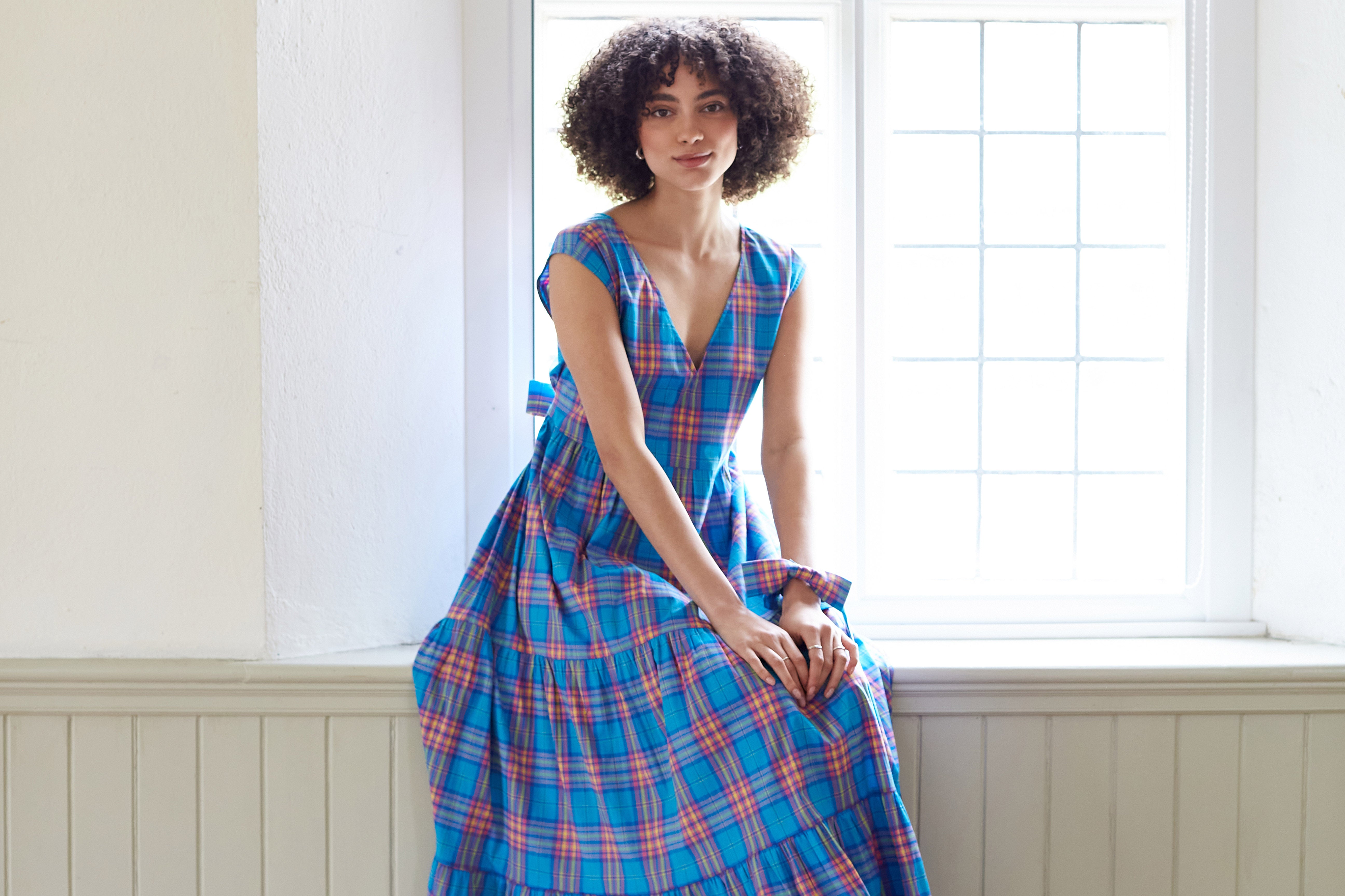 check sleeveless cotton maxi , tiered sundress. Made in England