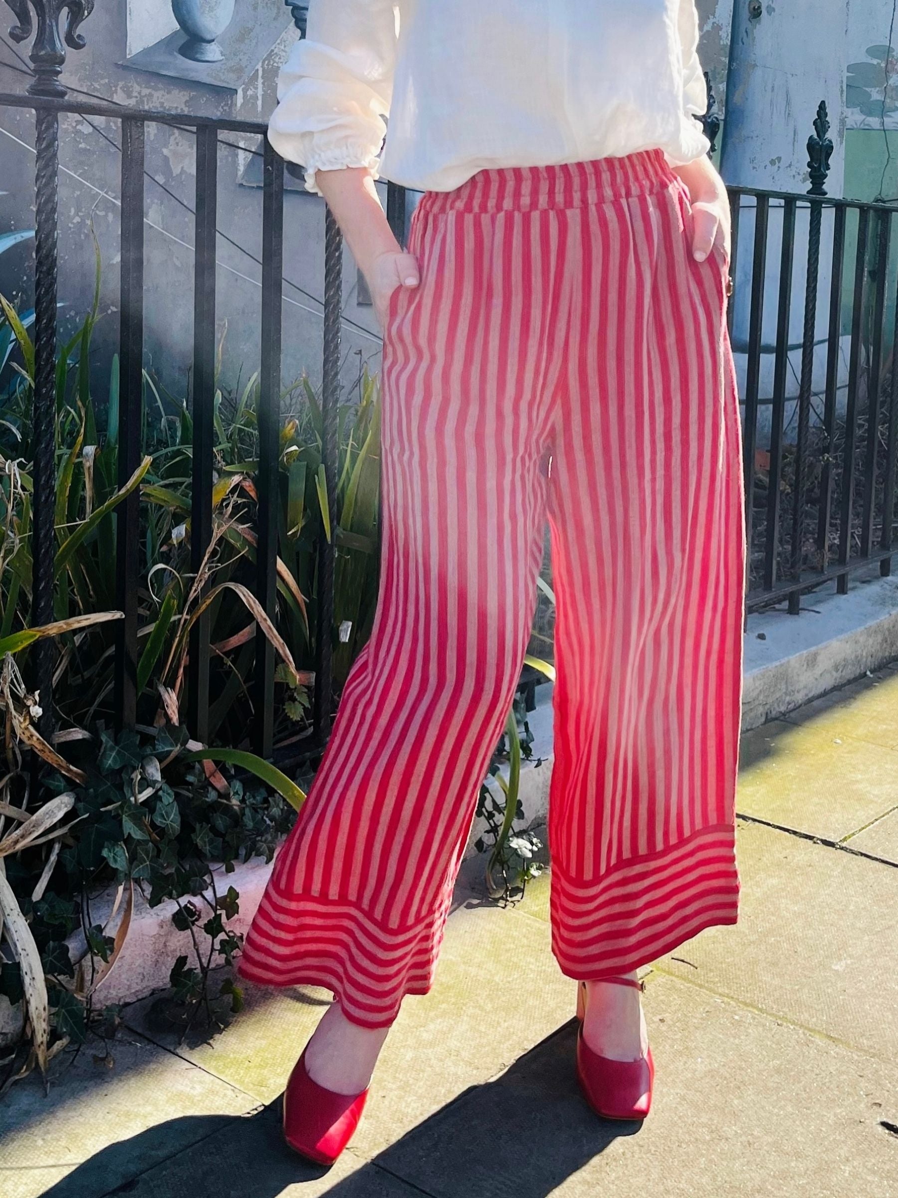 Lewes Trouser in Antique Rose Stripe Irish Linen