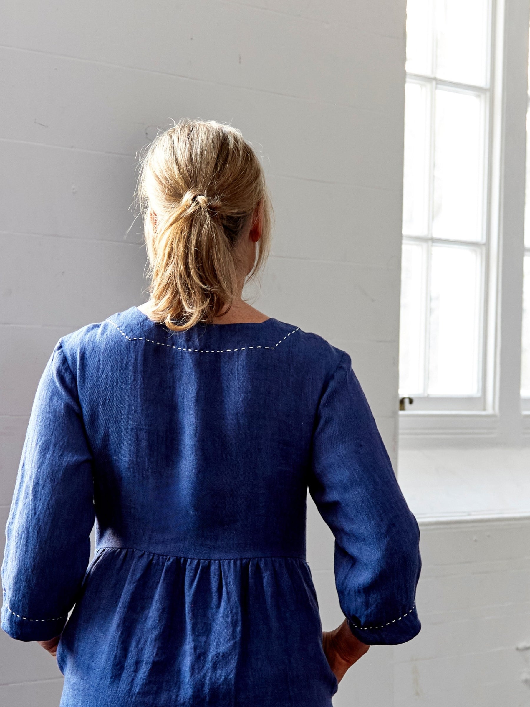 Mariner Dress in French Navy Linen Twill with Embroidery