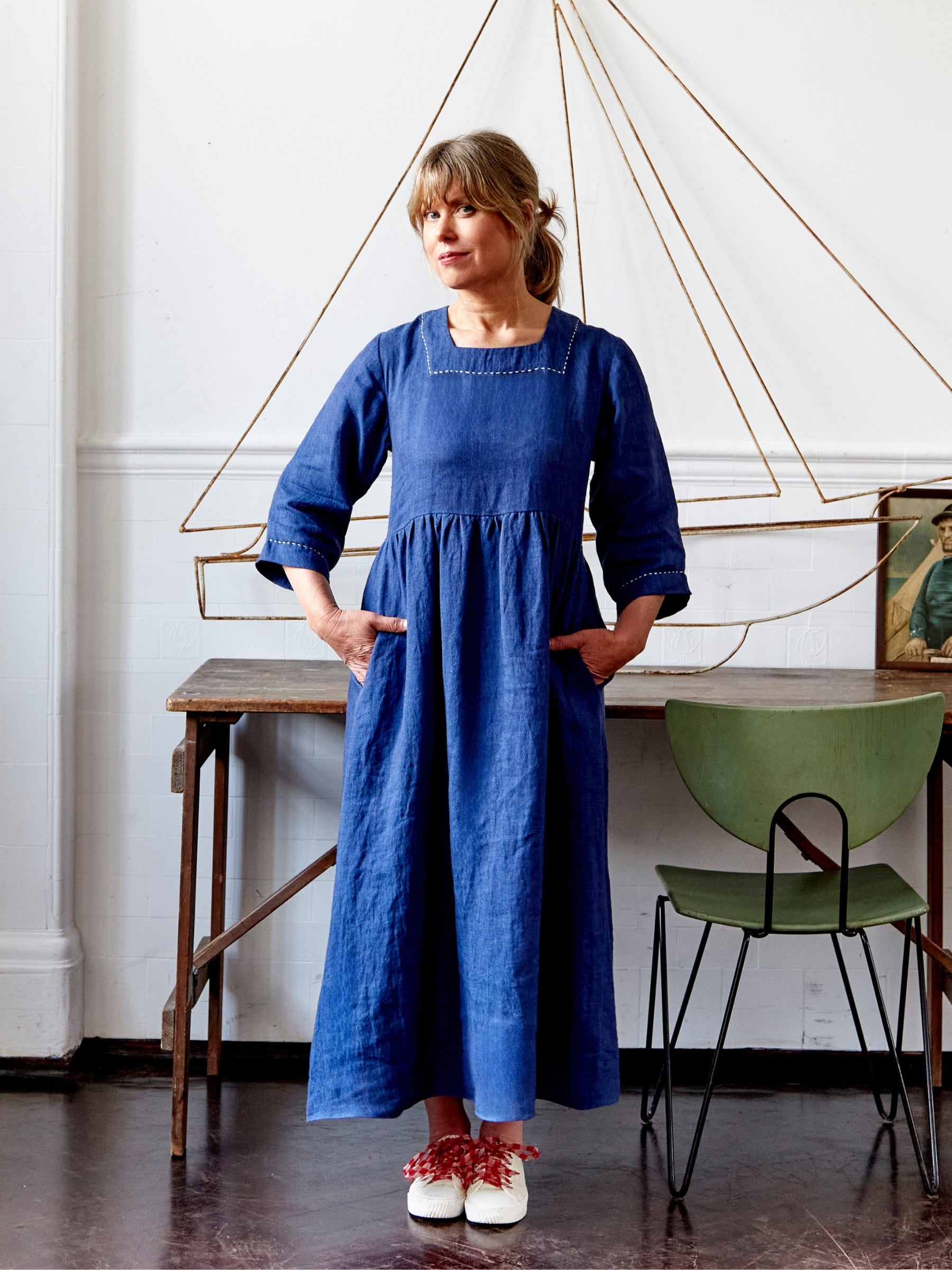 Mariner Dress in French Navy Linen Twill with Embroidery