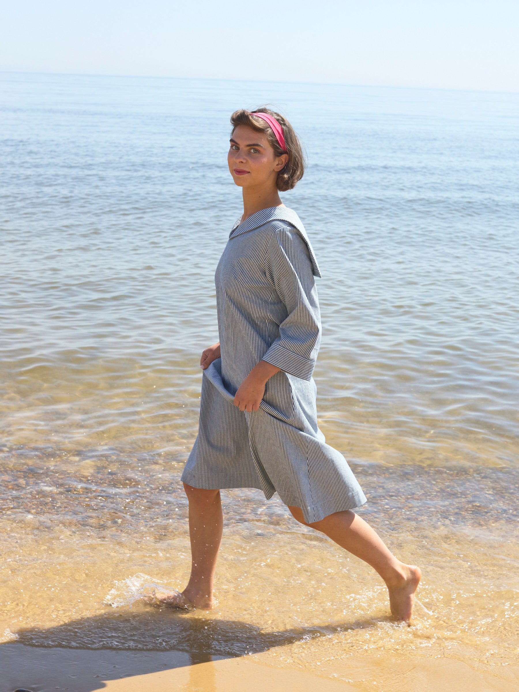 Sailor Dress in Washed Cotton Stripe Drill