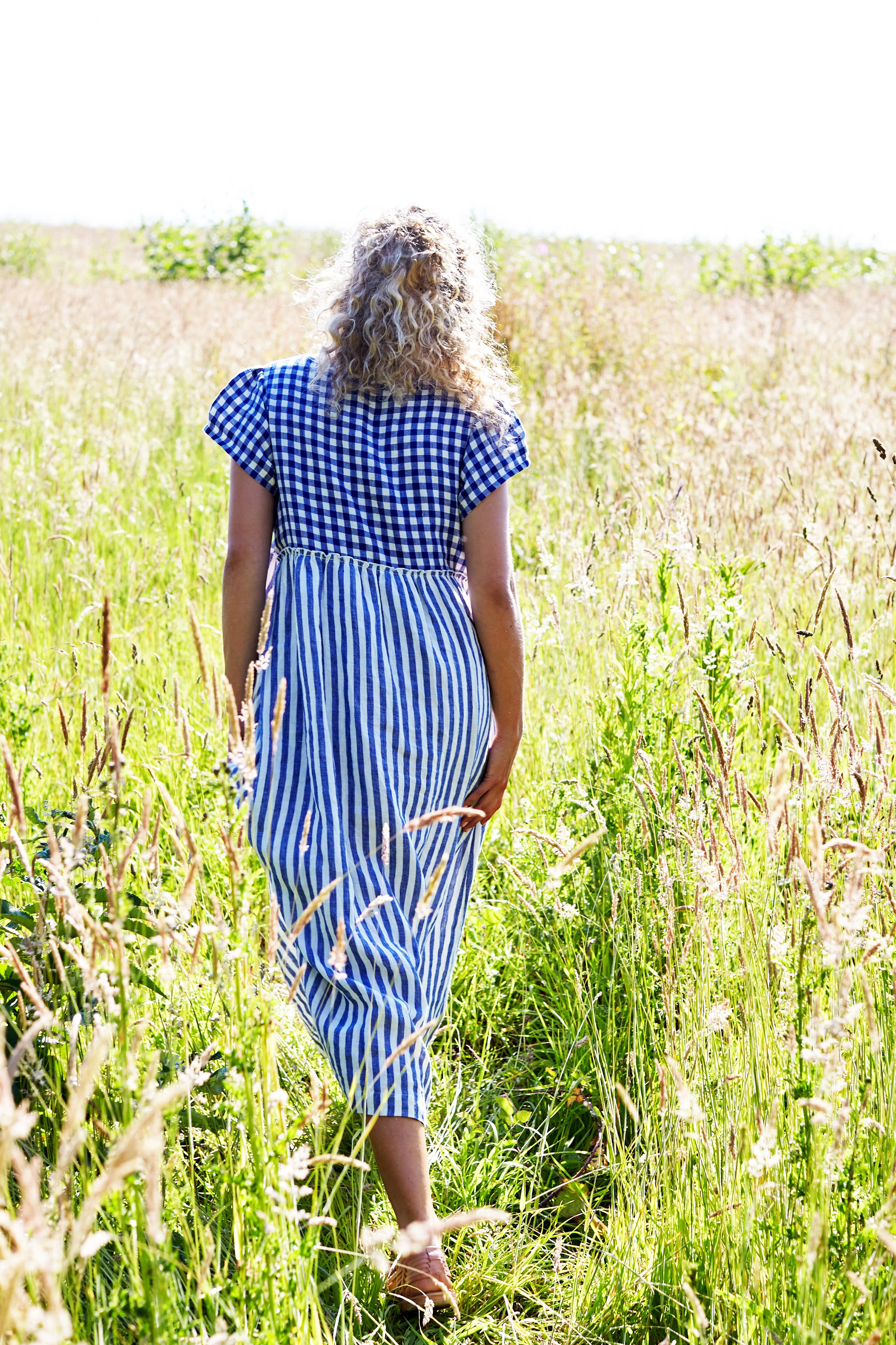 Stepney Dress in Blue and White Patchwork Linen, MEDIUM