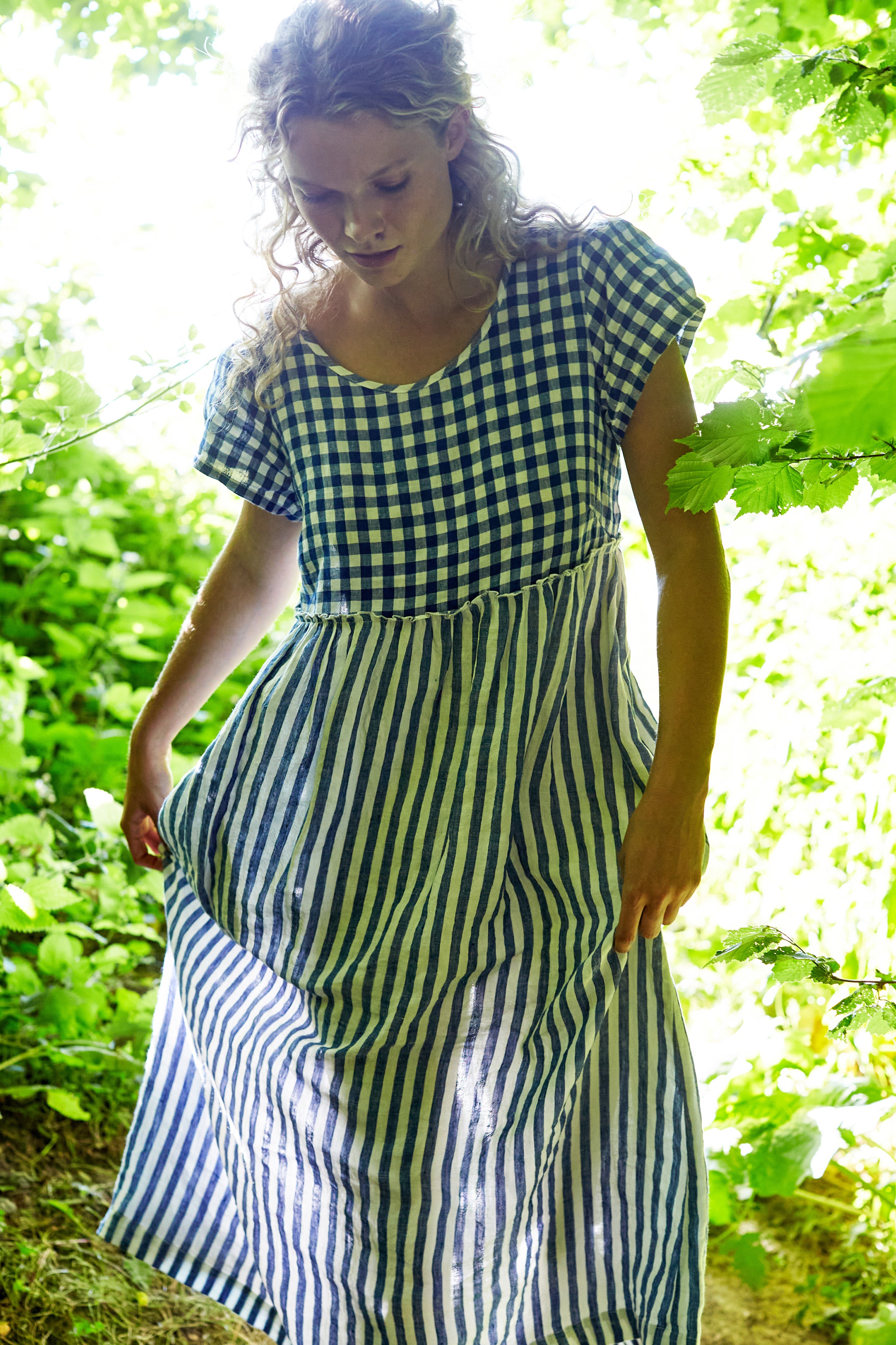 Stepney Dress in Blue and White Patchwork Linen, MEDIUM