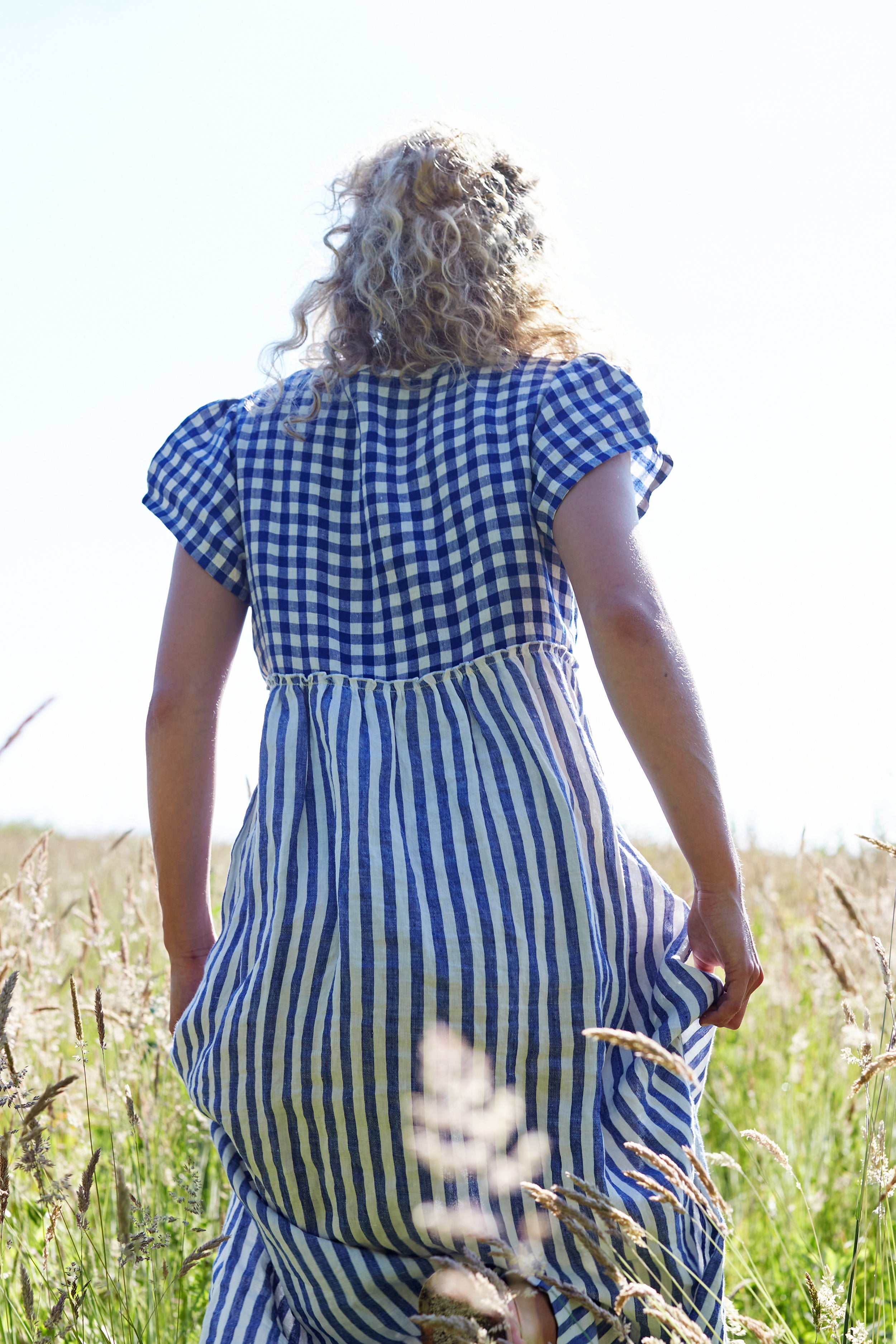 Stepney Dress in Blue and White Patchwork Linen, MEDIUM