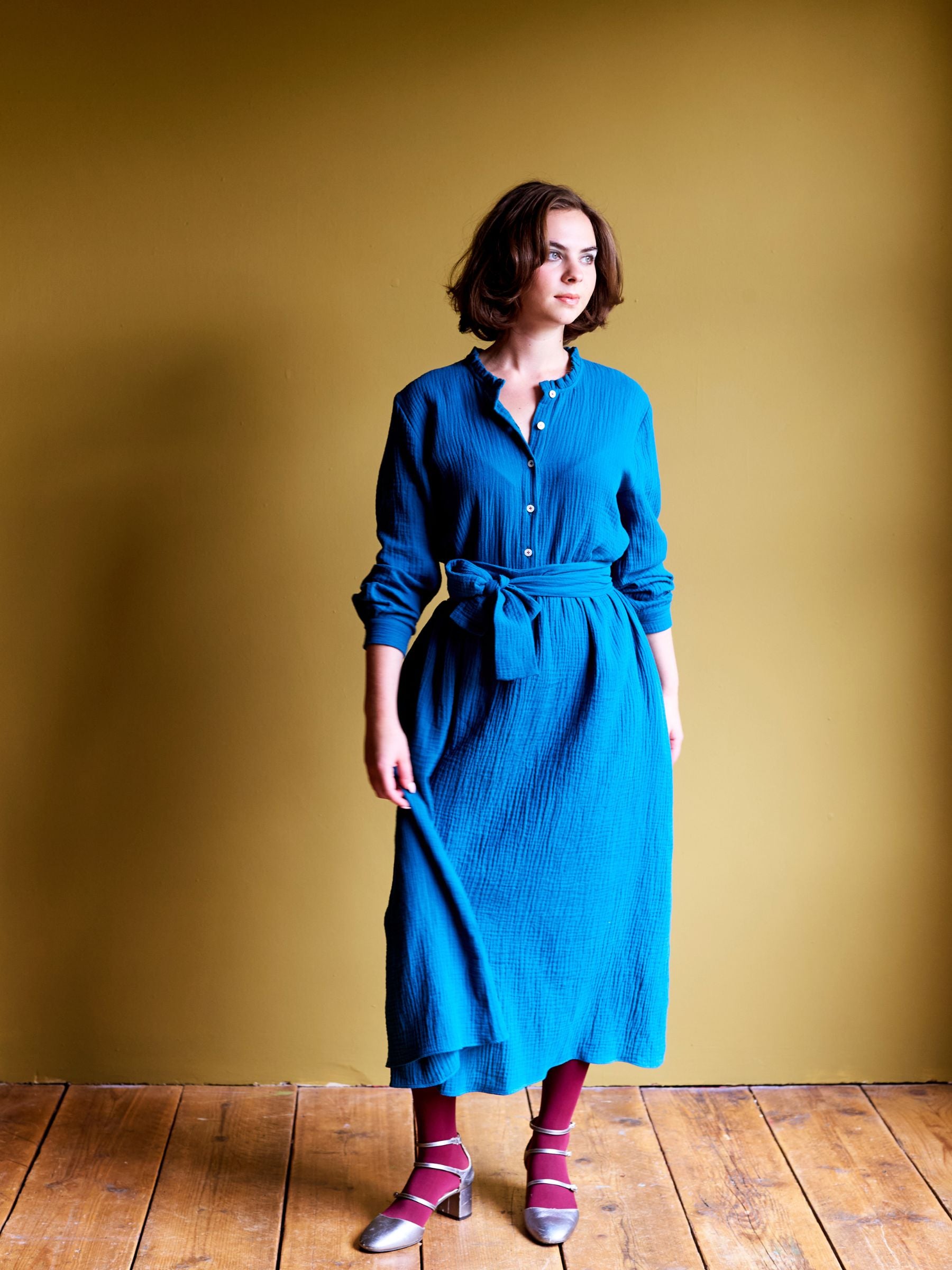 Shirt Dress in Teal Double Gauze Cotton | Made in England | Justine Tabak