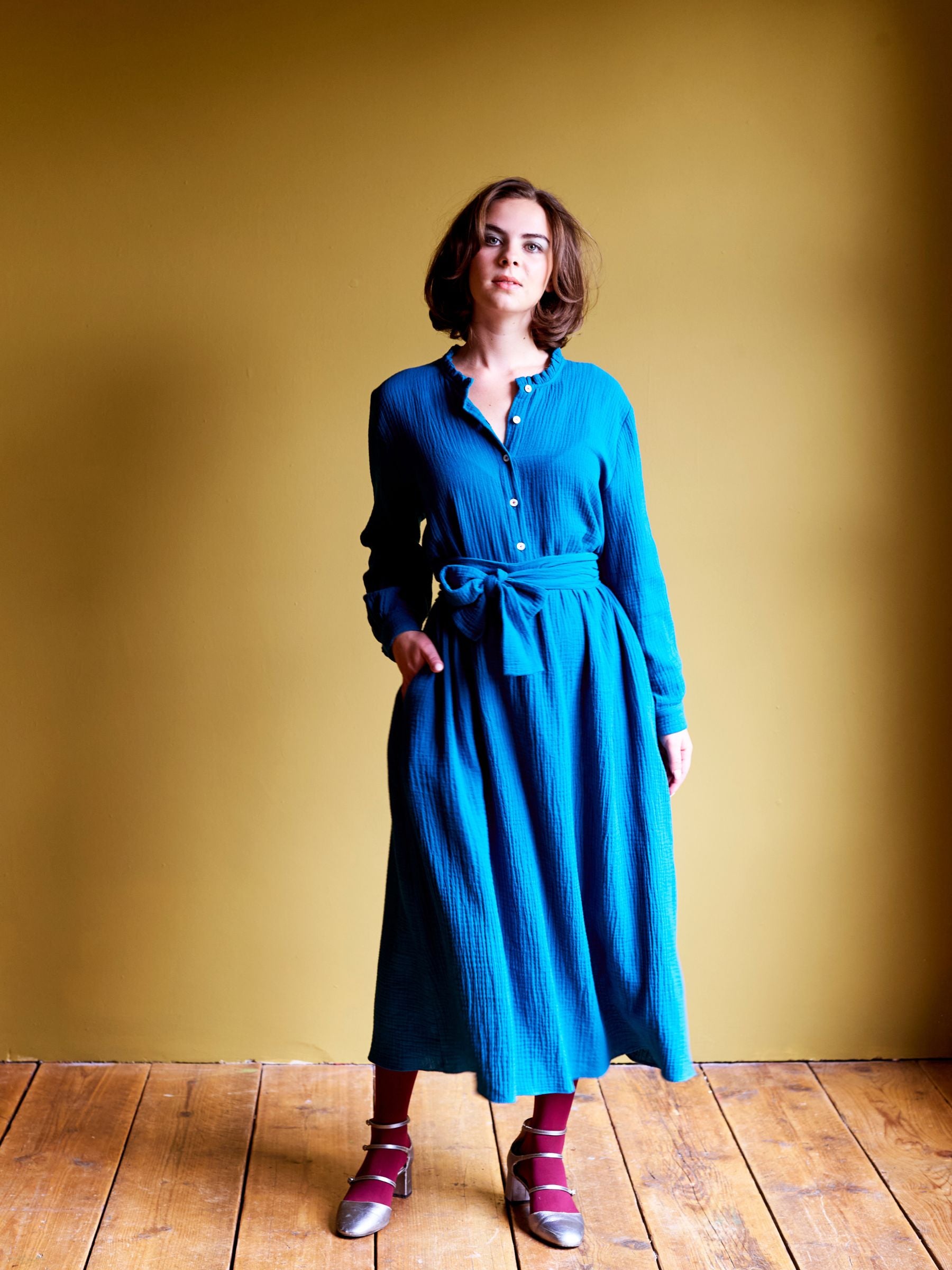 Shirt Dress in Teal Double Gauze Cotton | Made in England | Justine Tabak