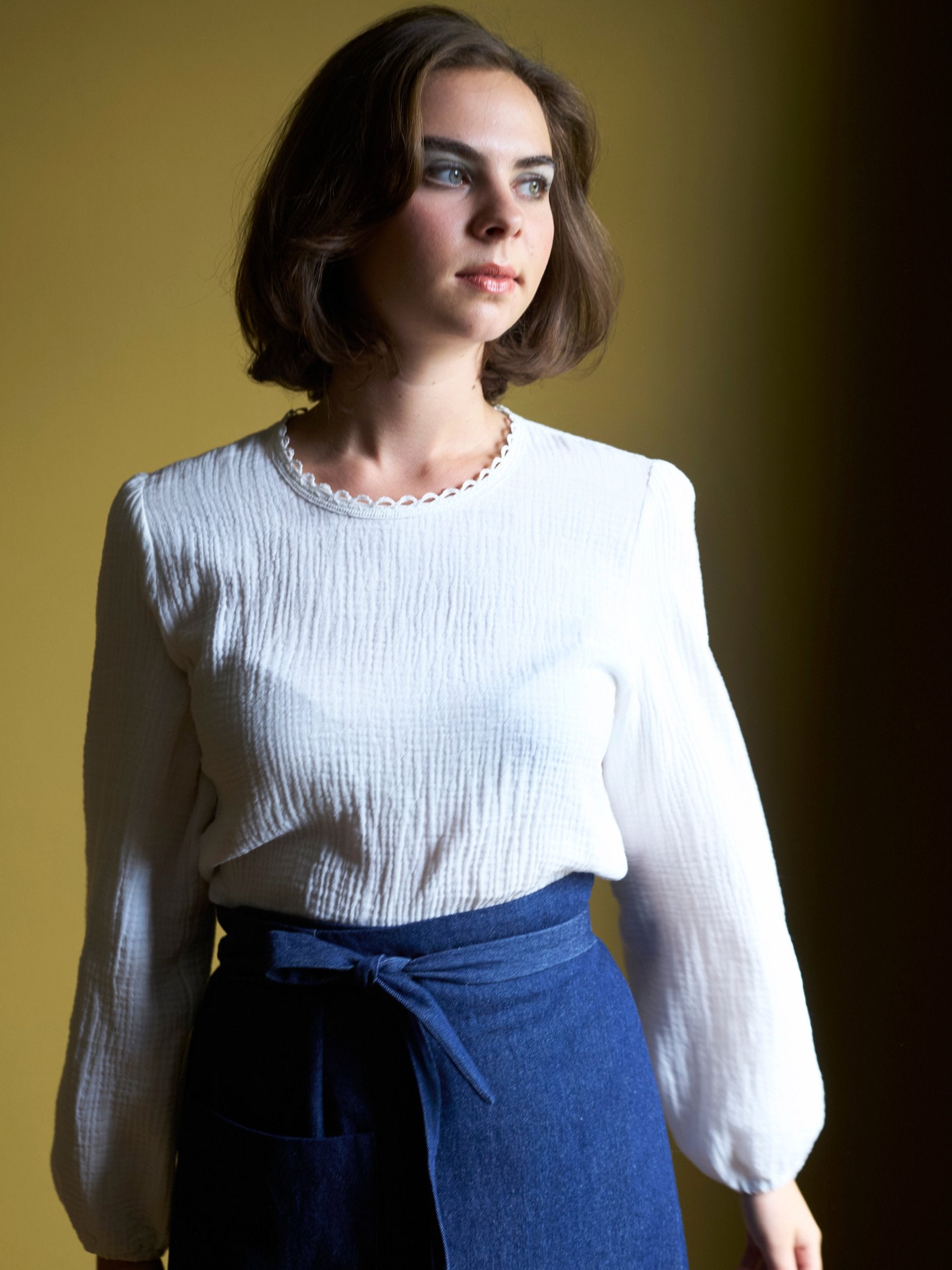 Mill Town Top in White Cotton Double Gauze with Nottingham Lace