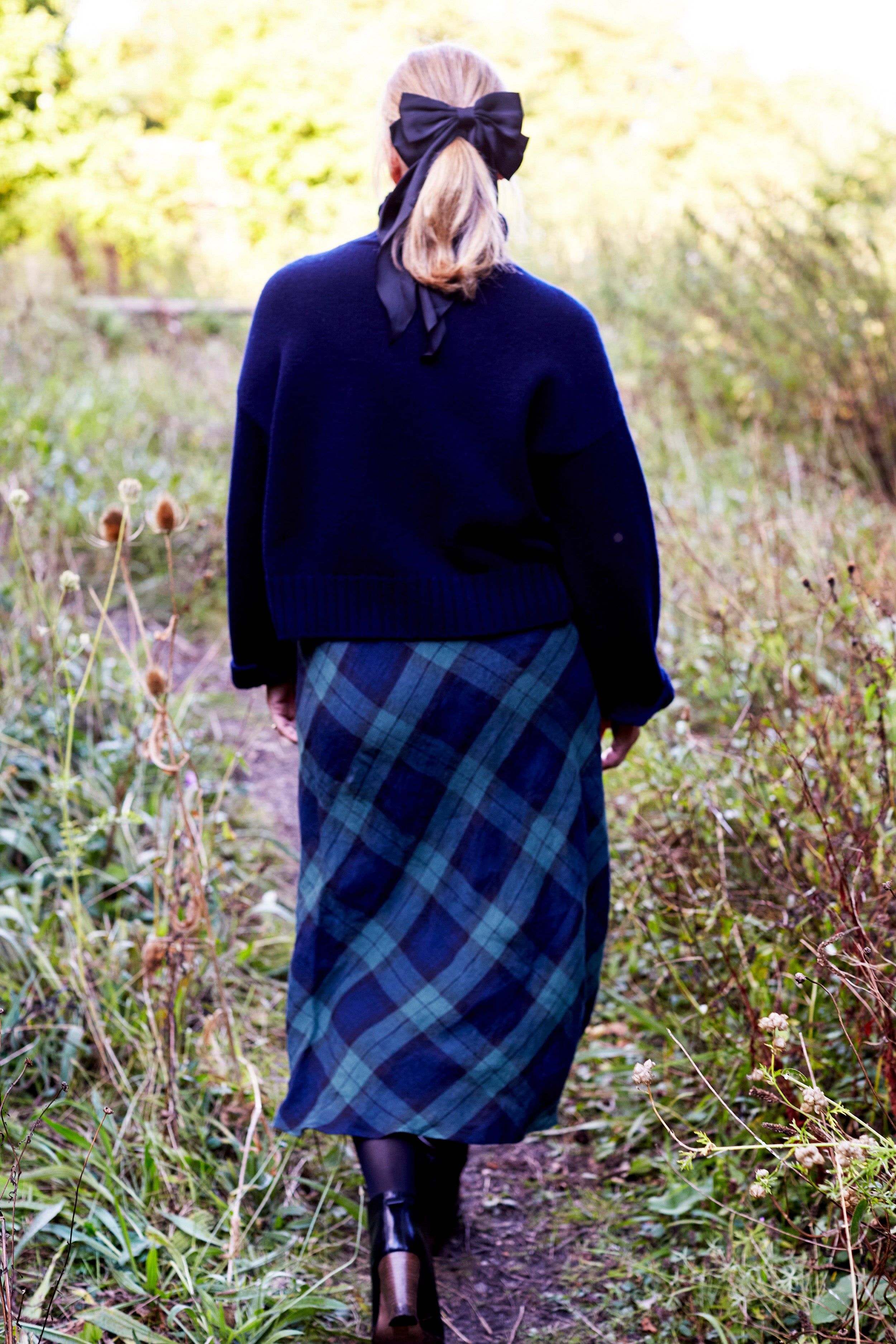 Bias Cut Skirt in Blackwatch Tartan Linen