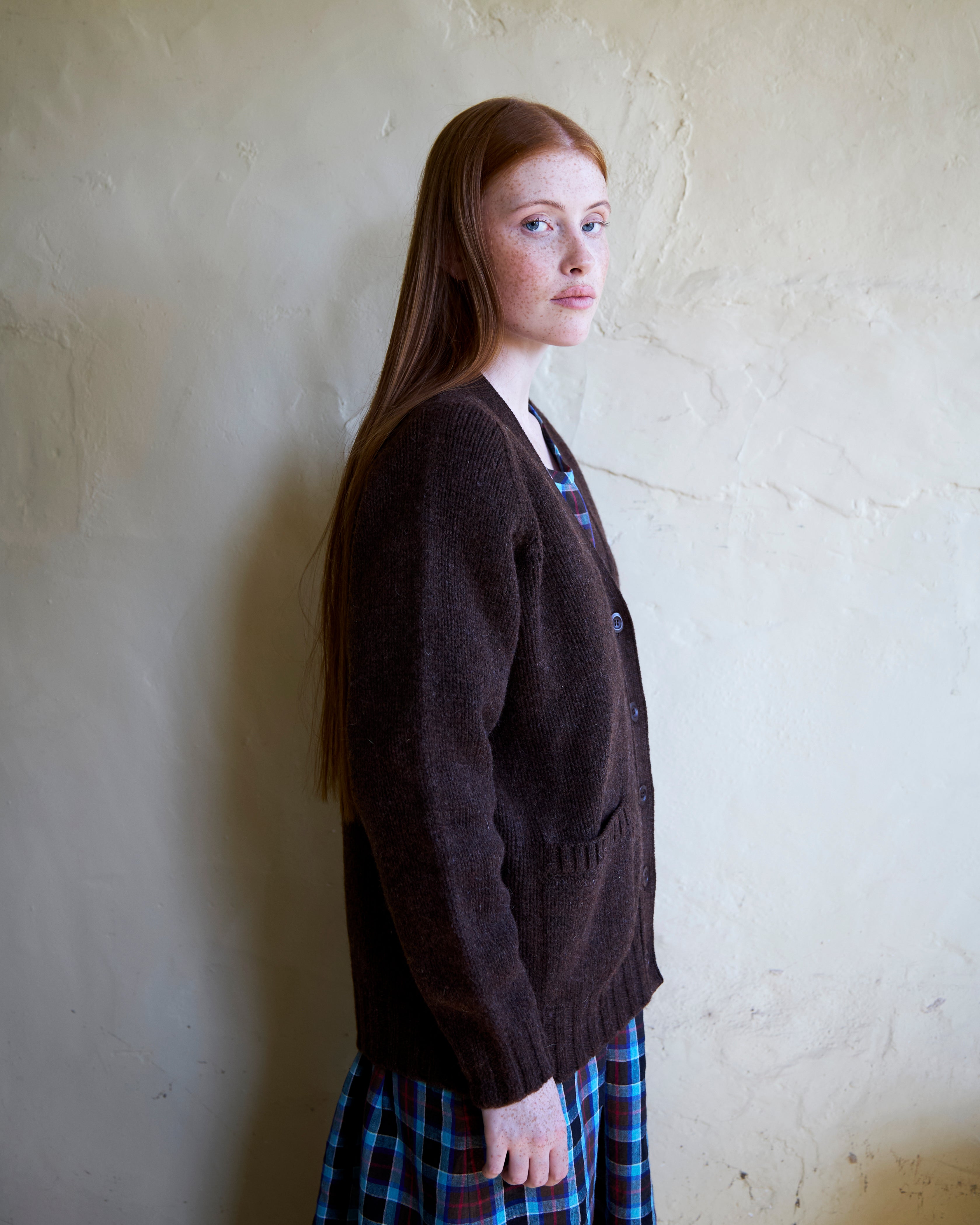Cardigan in Brown Wool with Pocket | Knitted in Scotland | Justine Tabak