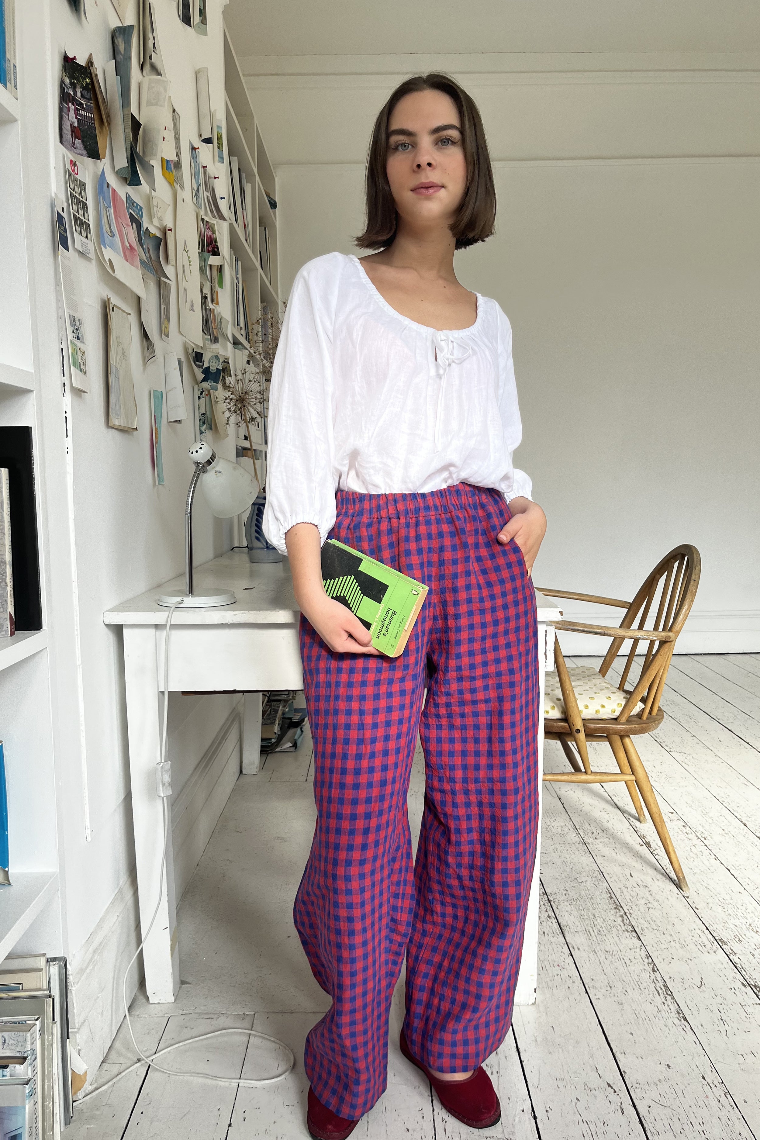Pull-on trouser in Red and Blue Gingham Irish Linen | Made in England | Justine Tabak